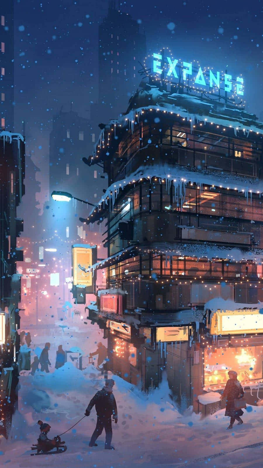 Anime Building Snowy Night Background