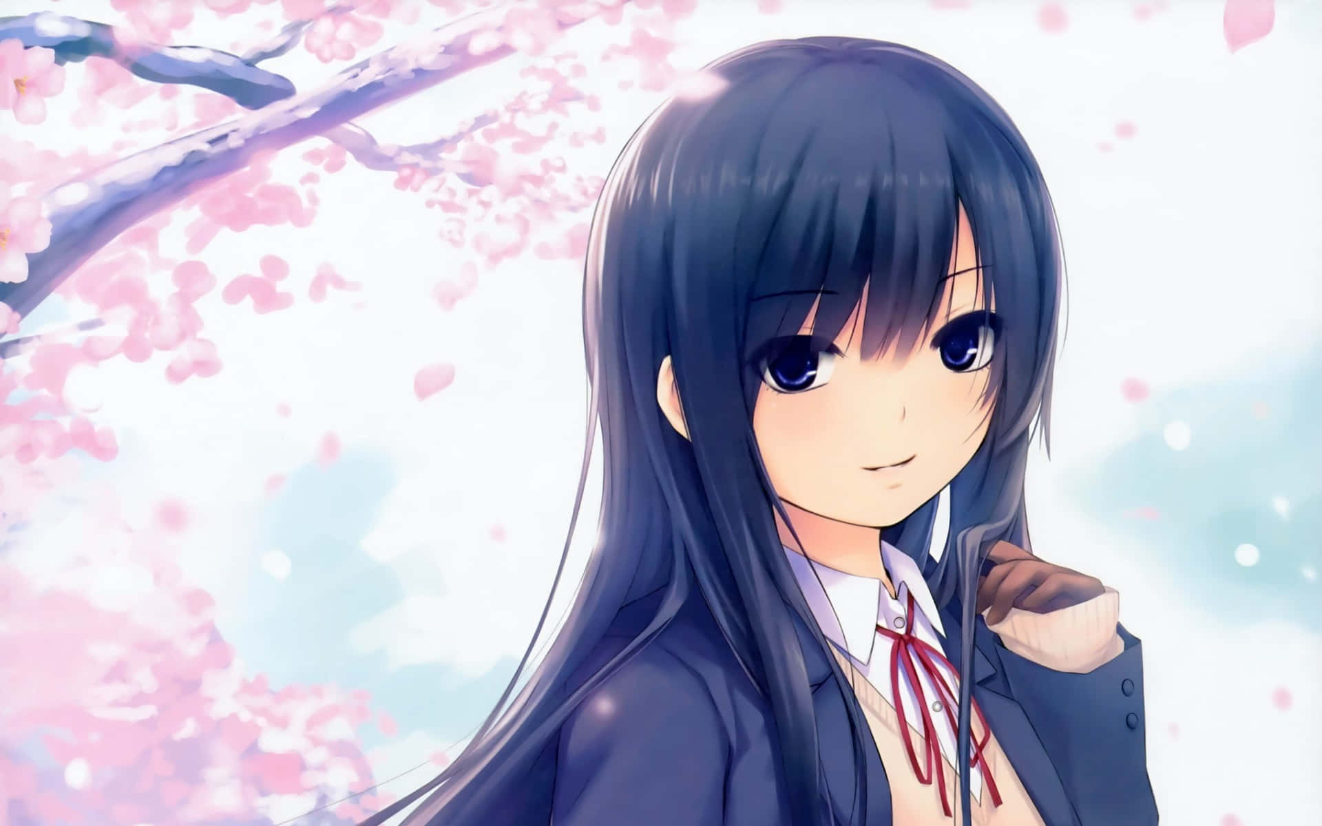 Anime Cartoon Schoolgirl In Sakura Tree Background
