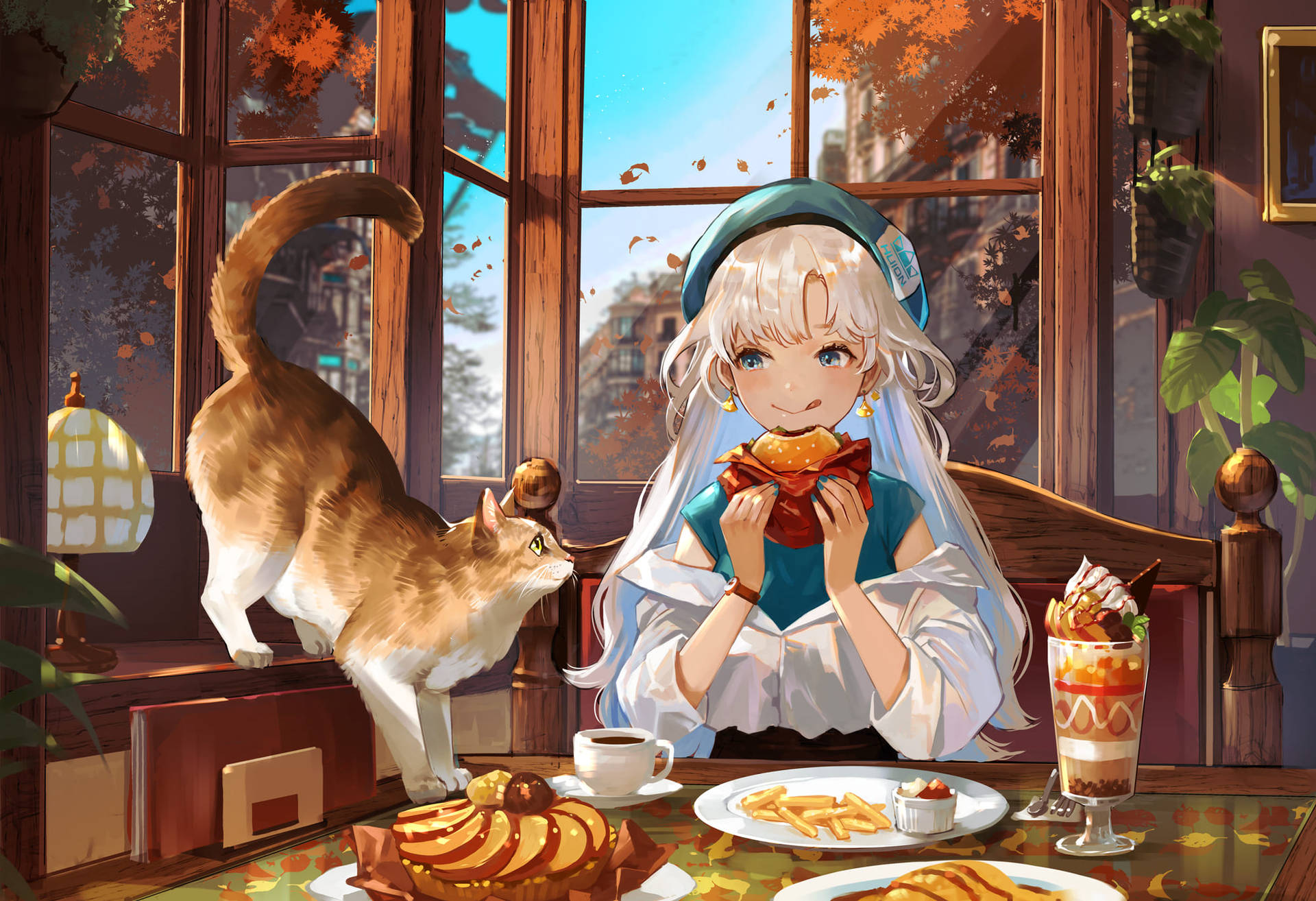 Anime Cat And Girl Breakfast Background