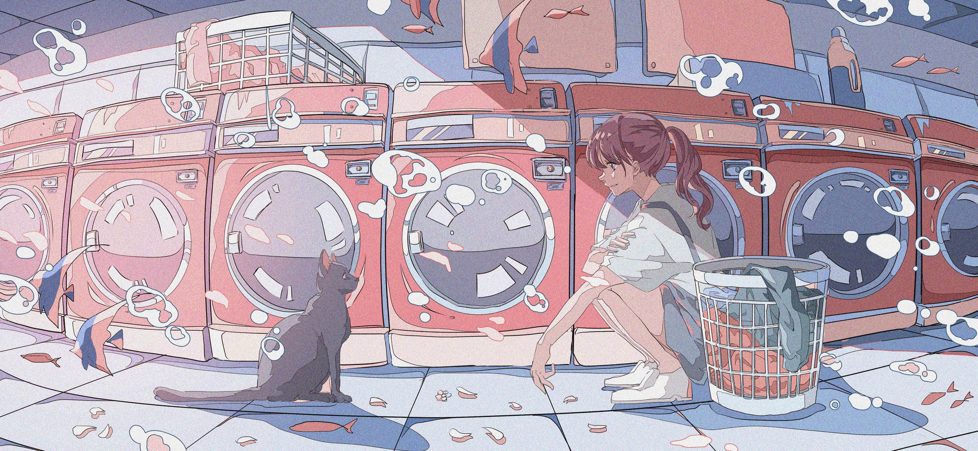 Anime Cat In Laundry Shop Background