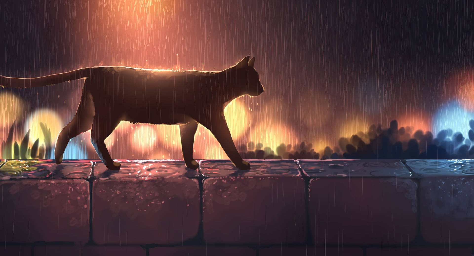 Anime Cat In The Rain Background