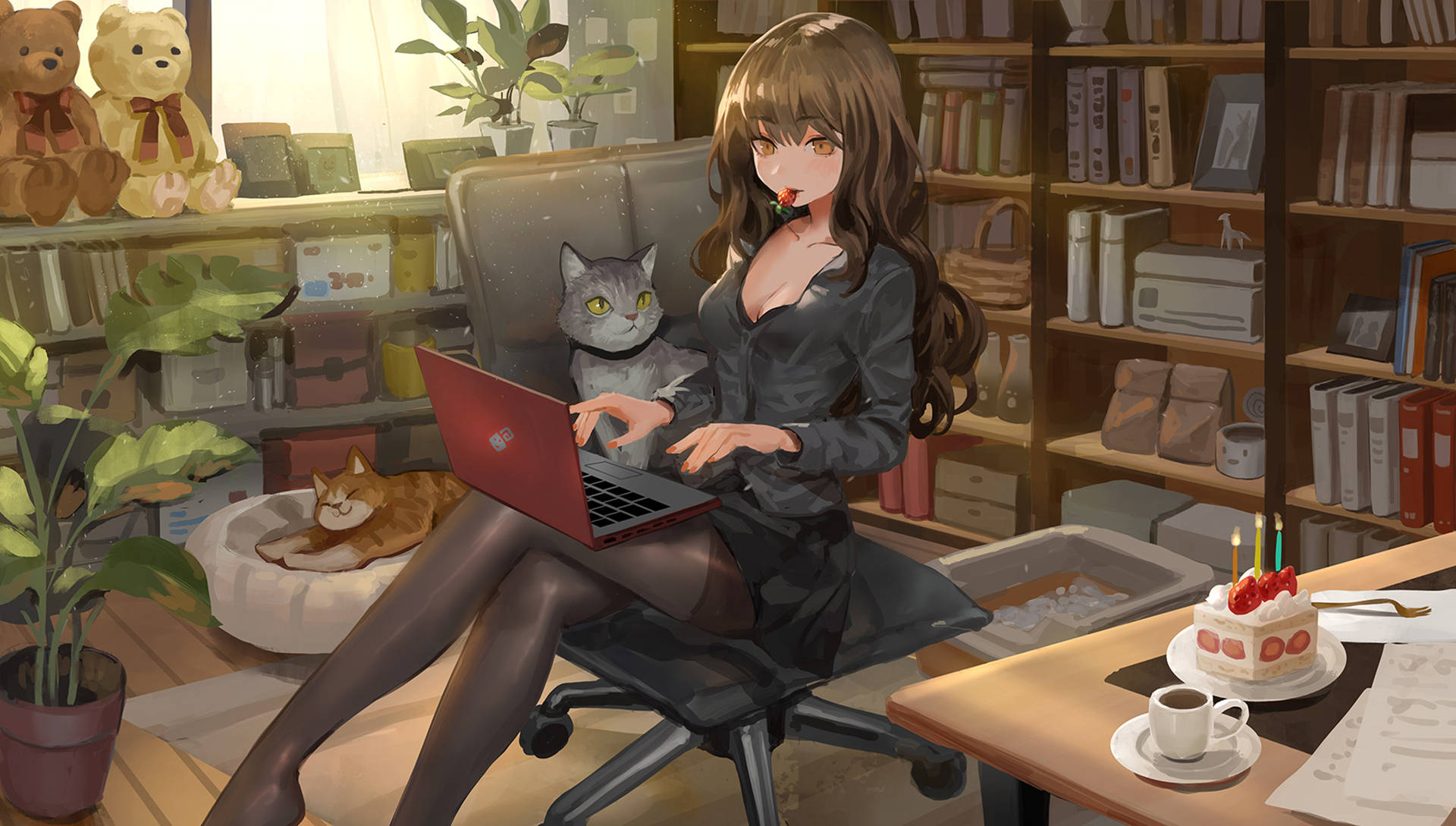 Anime Cat With Office Girl Background