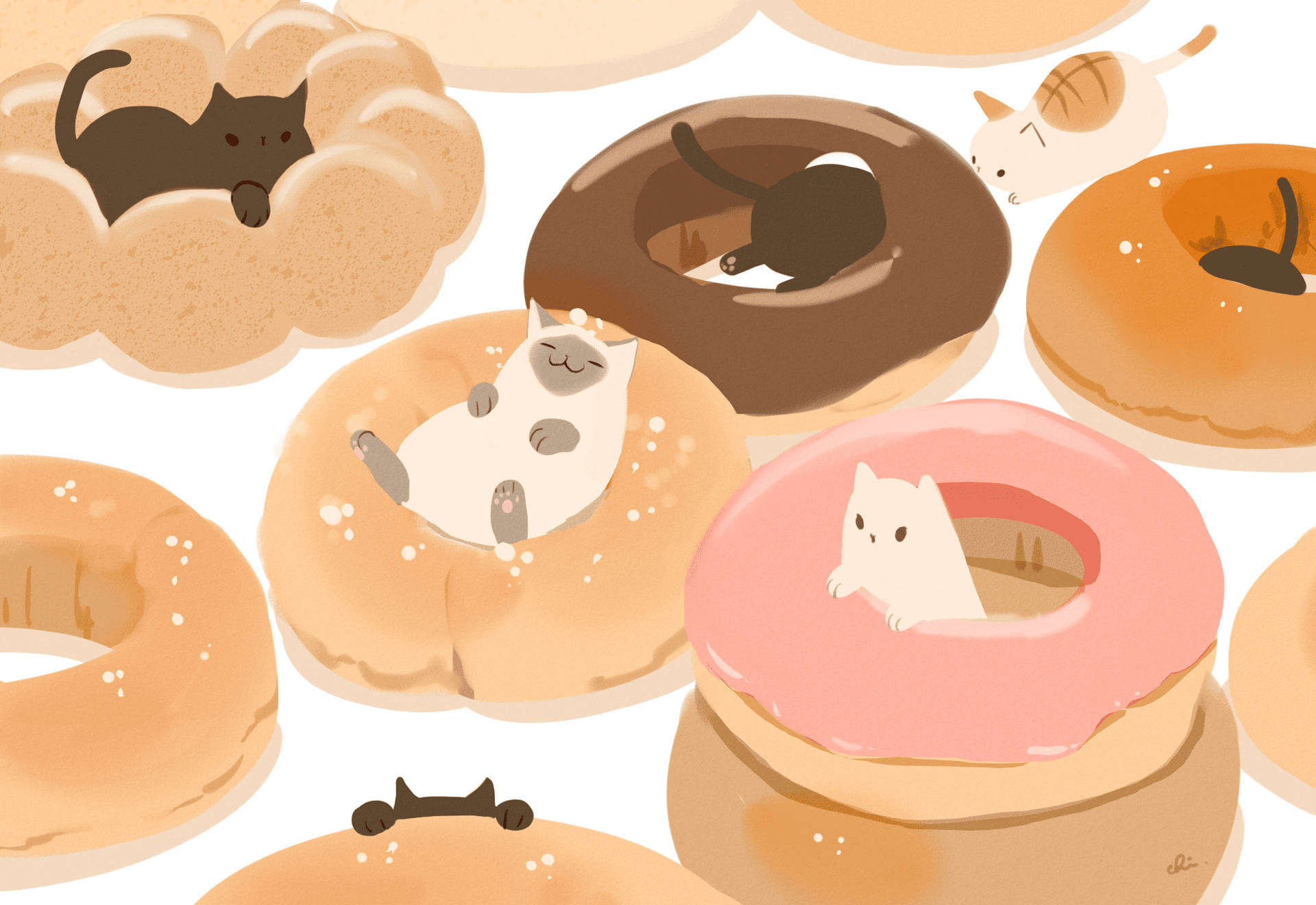 Anime Cats In Doughnuts Background
