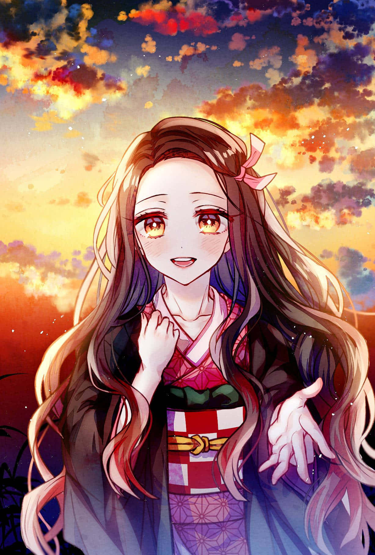 Anime Character Cute Nezuko Kamado With Sunset Sky Background