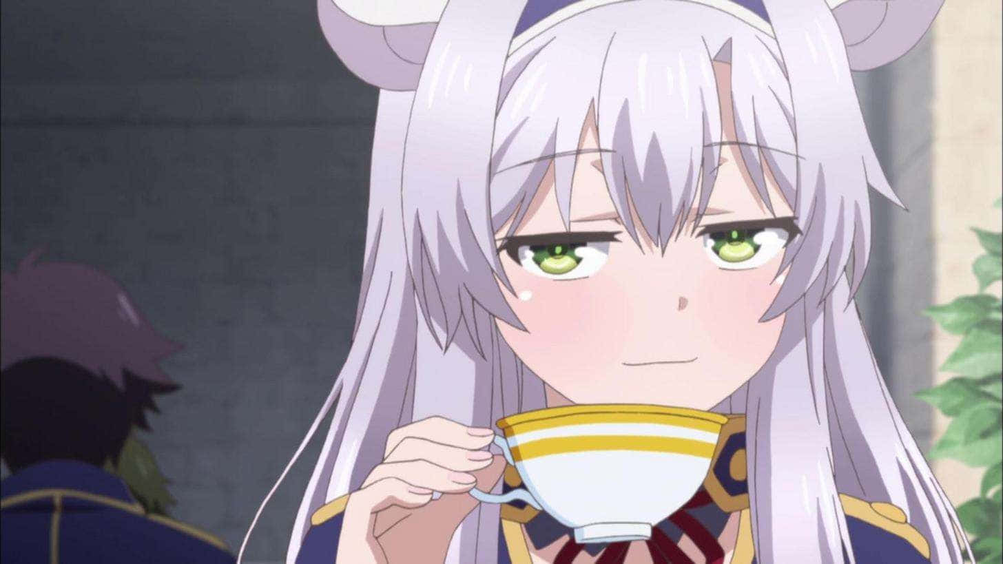 Anime Character Holding A Tea Cup With Smug Face Background