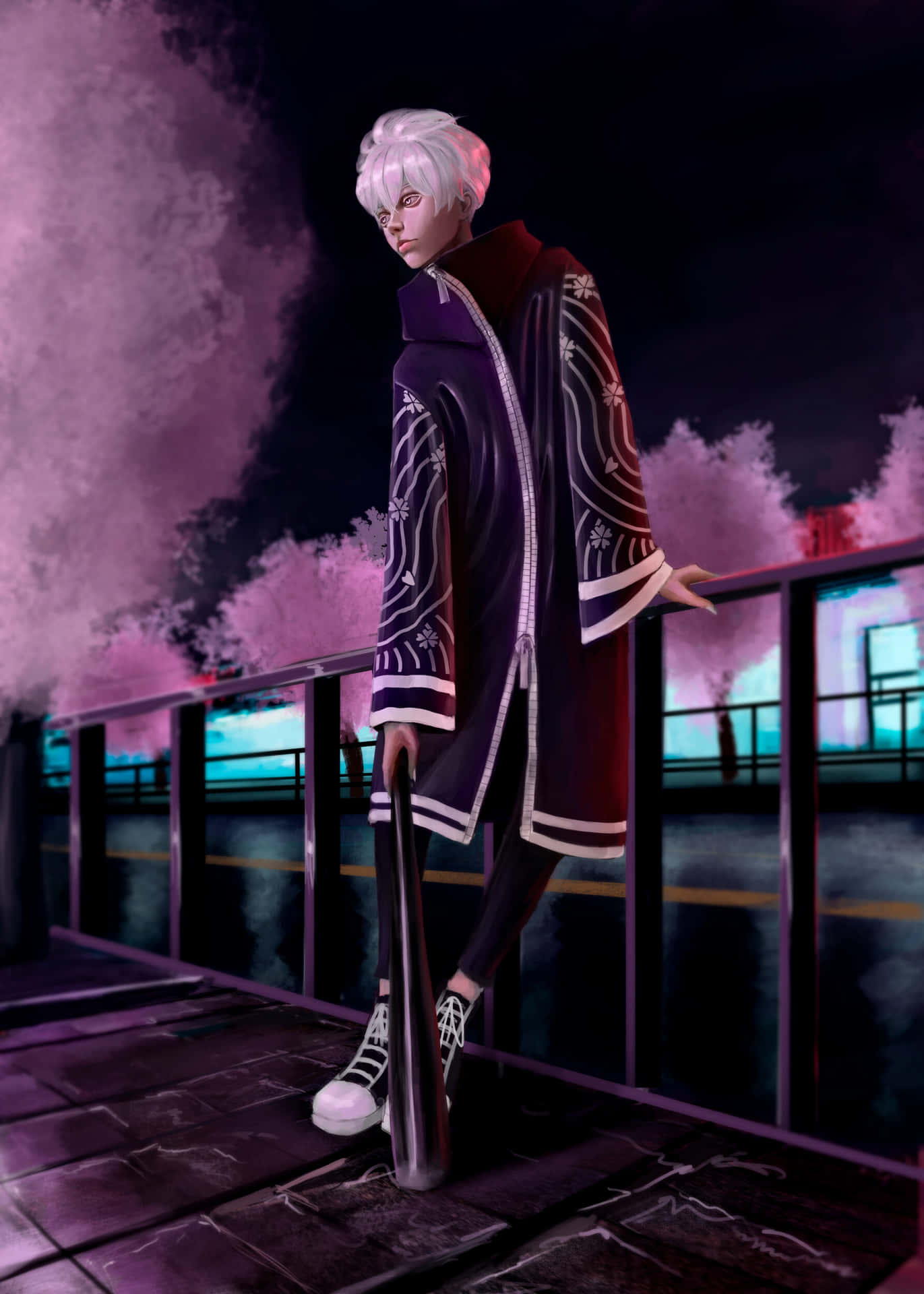 Anime Character Nighttime Cityscape Background
