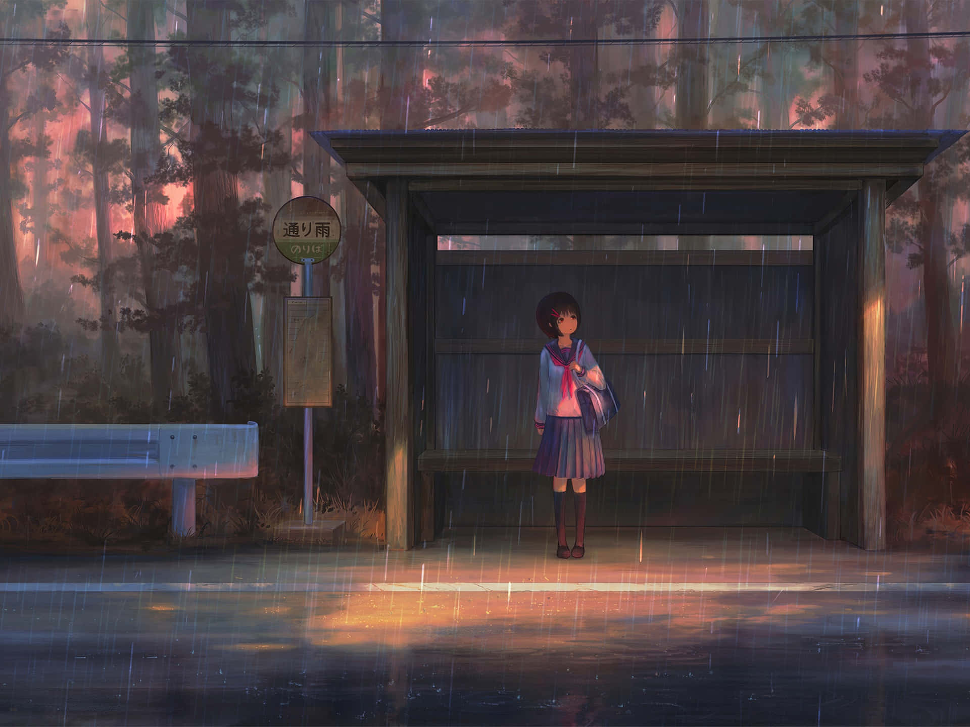 Anime Character Waiting For A Bus Background