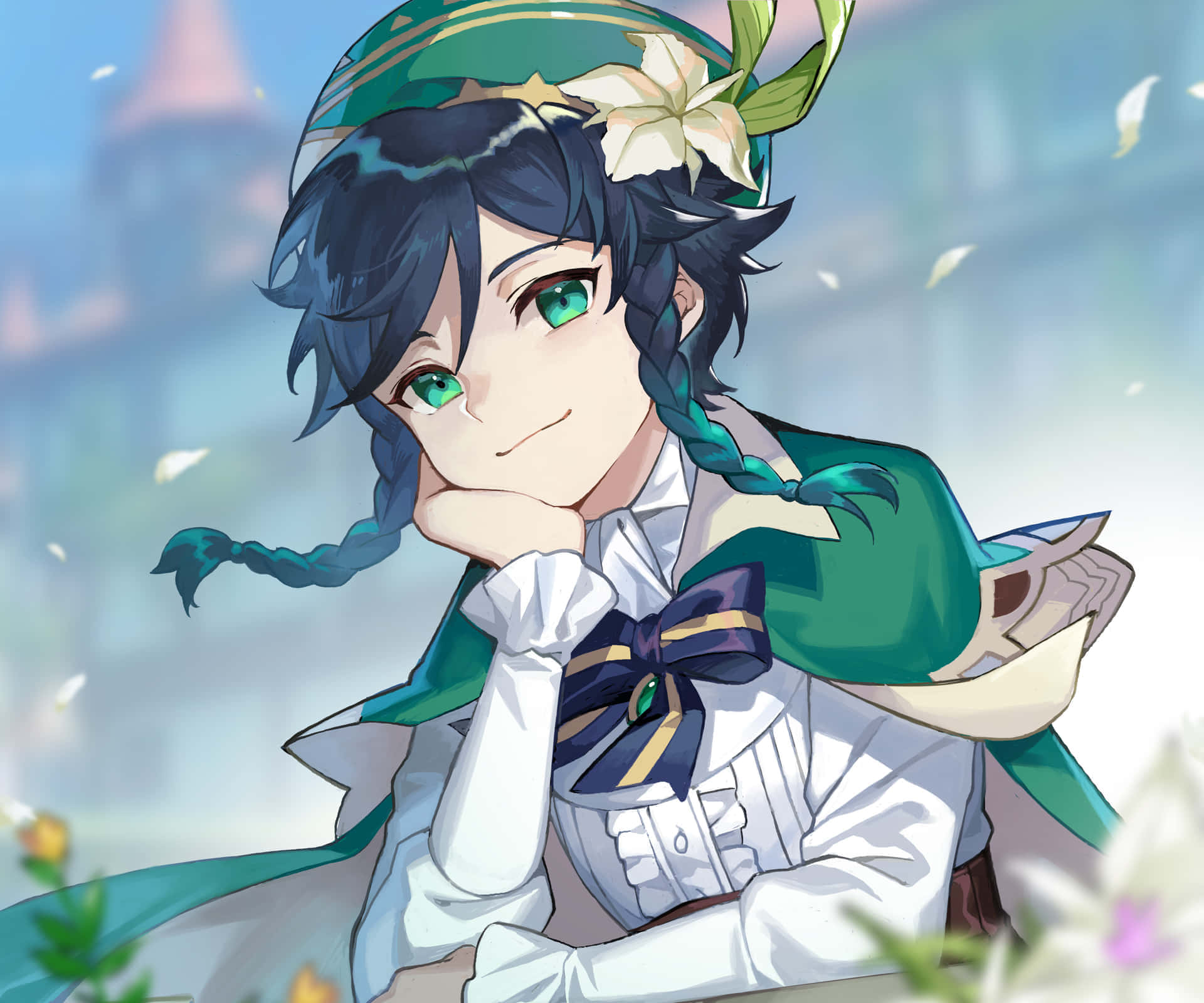 Anime Character With Green Eyes And Smug Face Background