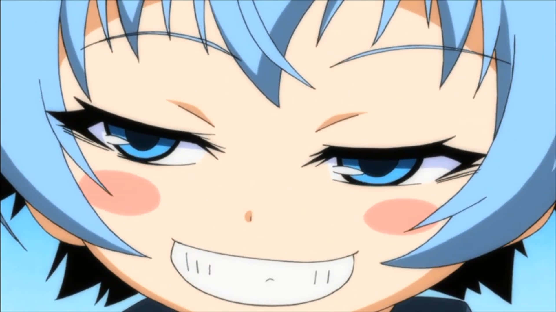 Anime Character With Smug Face And Blue Eyes Background