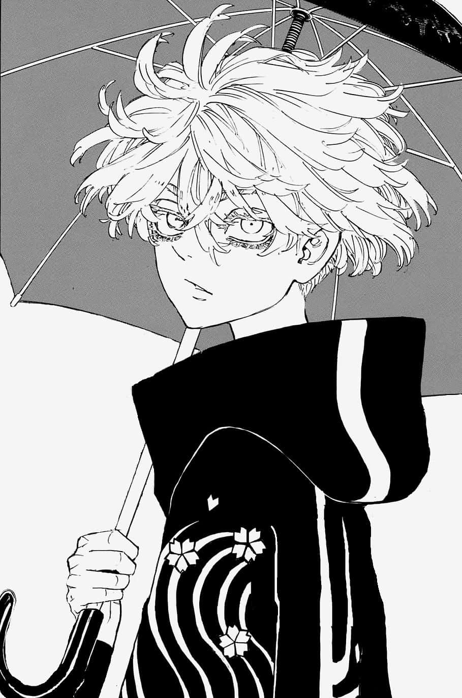 Anime Character With Umbrella Monochrome Background