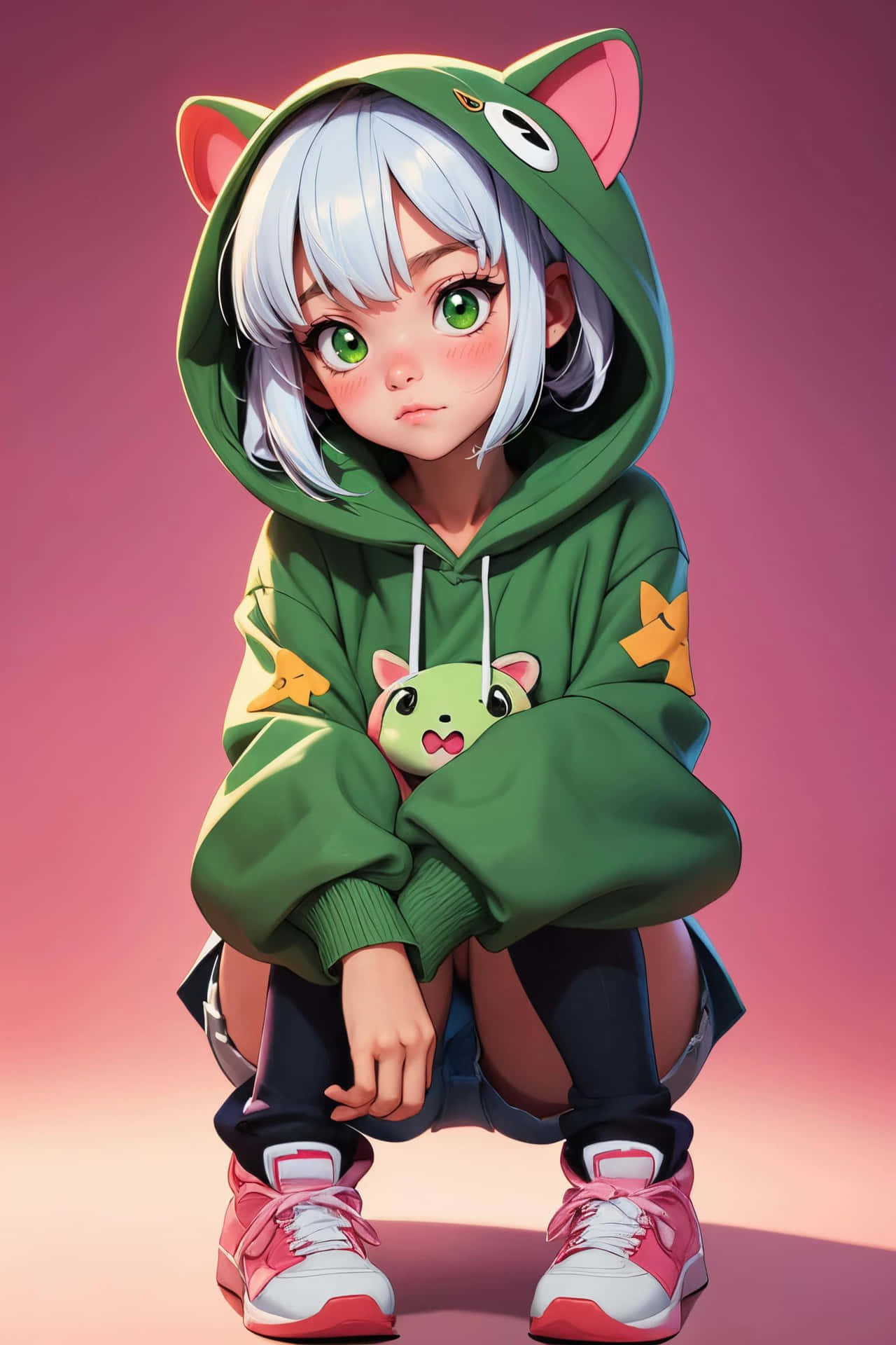 Anime Characterin Green Hoodie Background