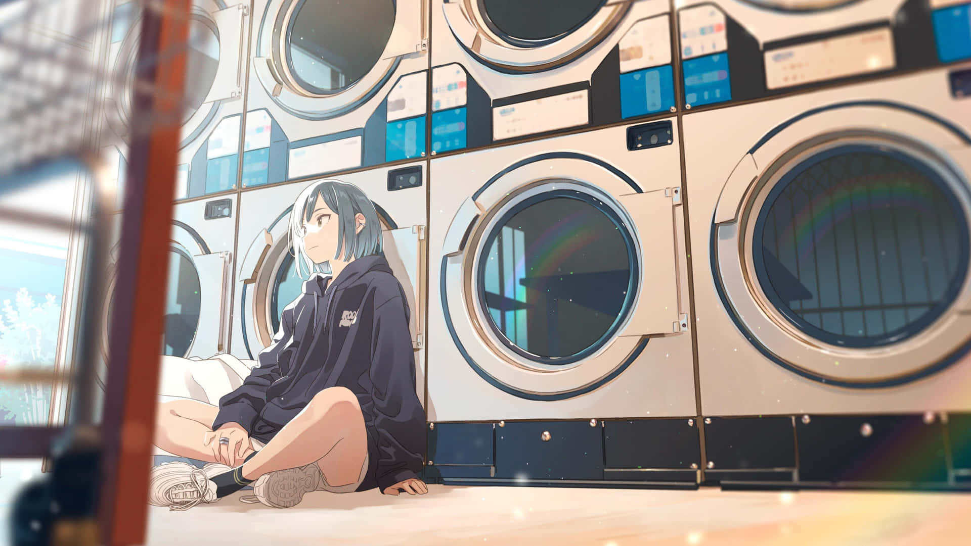 Anime Characterin Laundromat Background