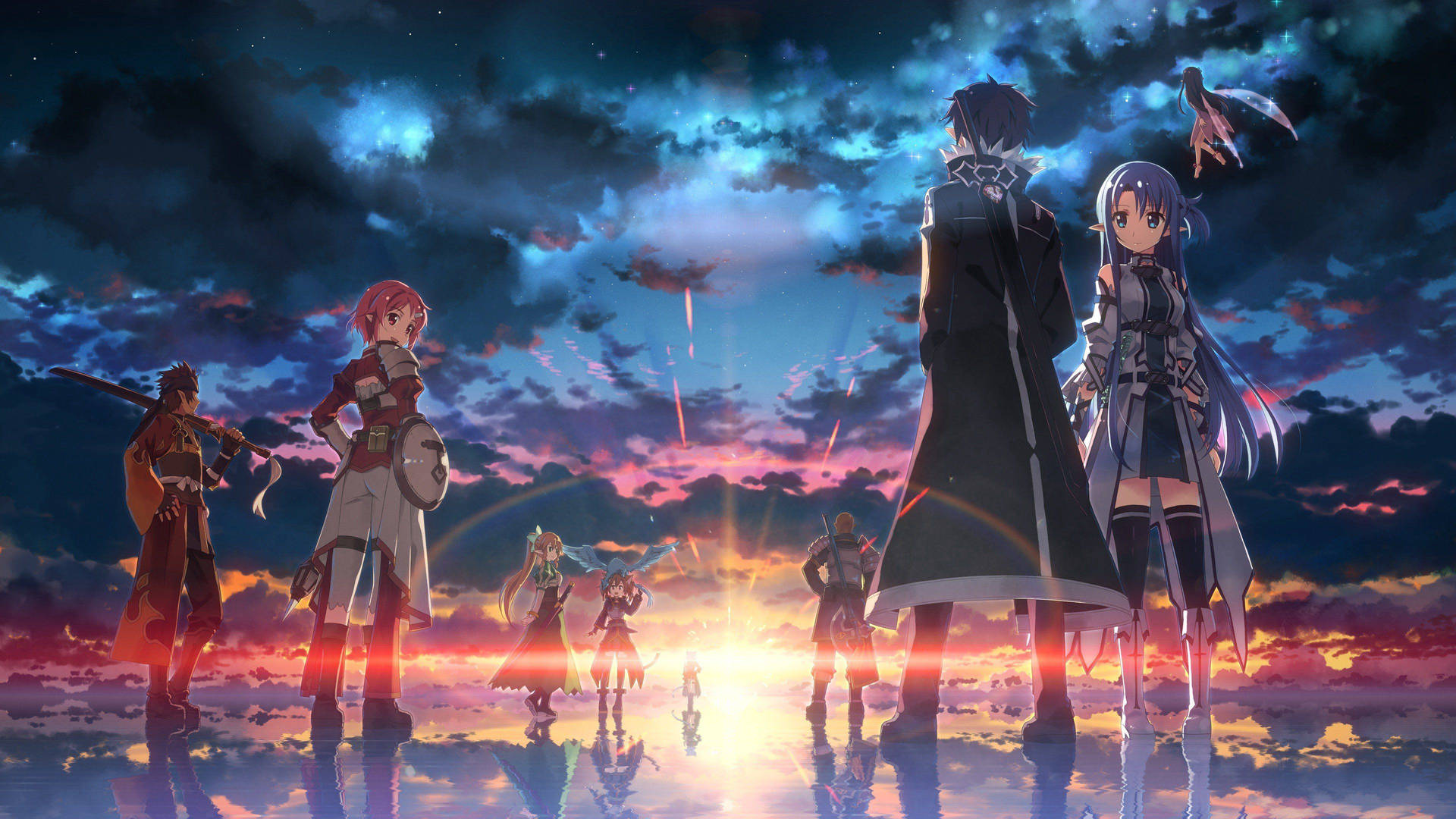 Anime Characters Standing In The Water With A Sunset Background