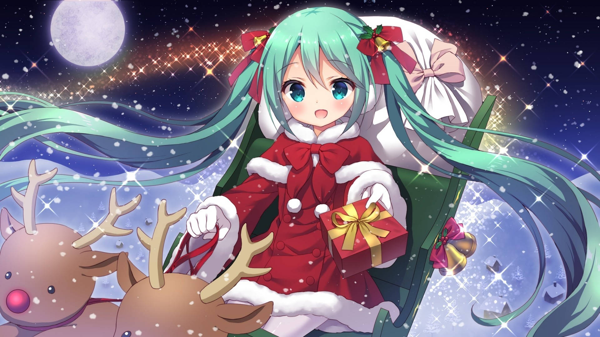 Anime Christmas Chibi Miku With Reindeers Background