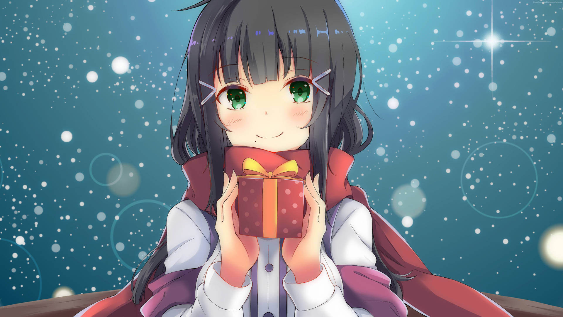 Anime Christmas Girl With Gift Box Background