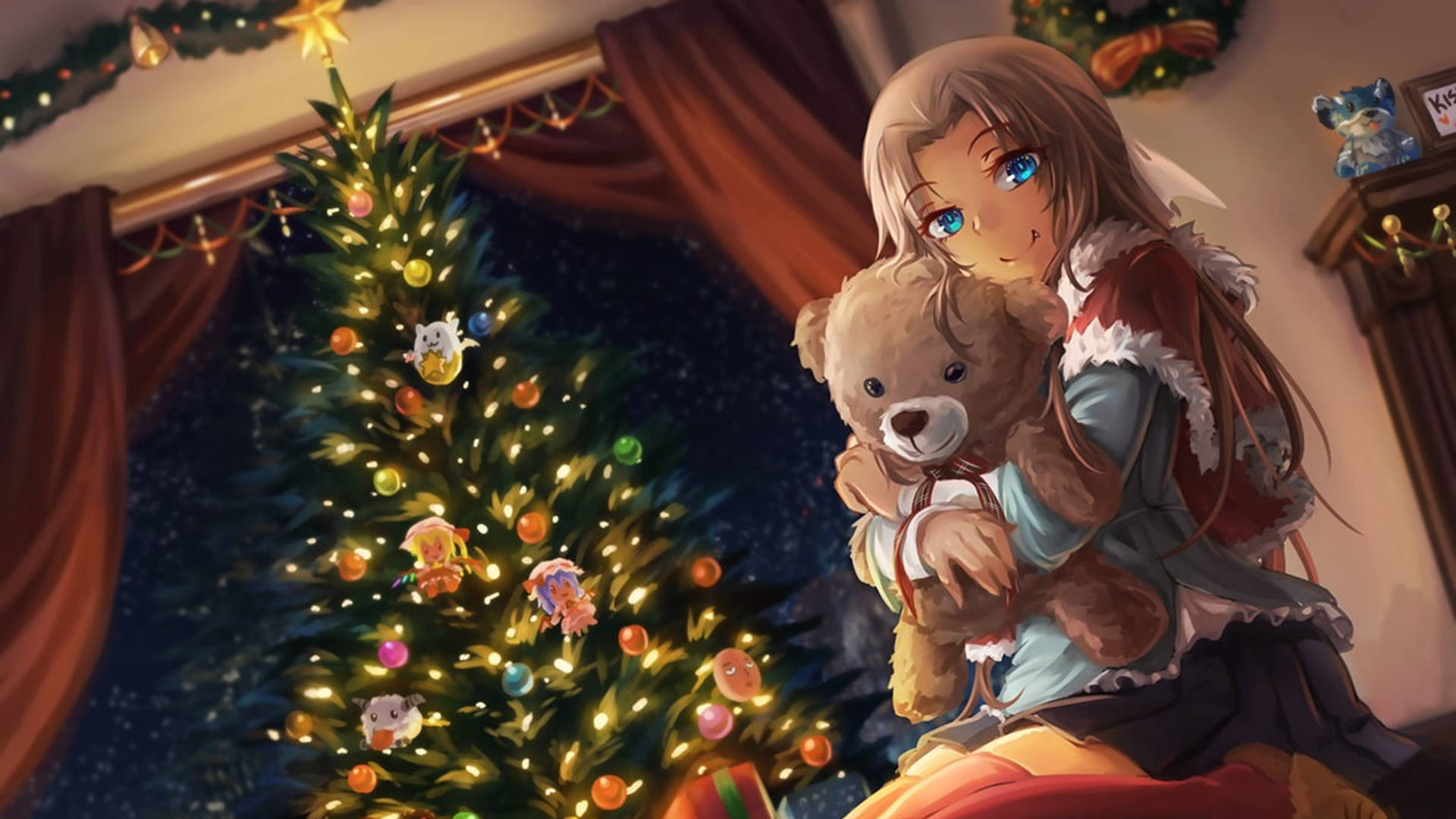 Anime Christmas Girl With Teddy Bear Background