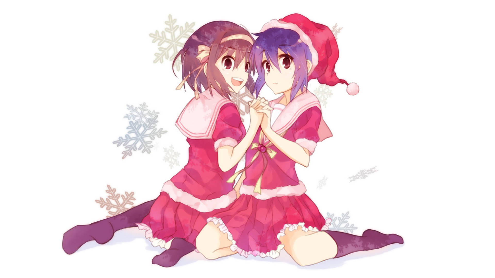 Anime Christmas Girls In Red Uniform Background