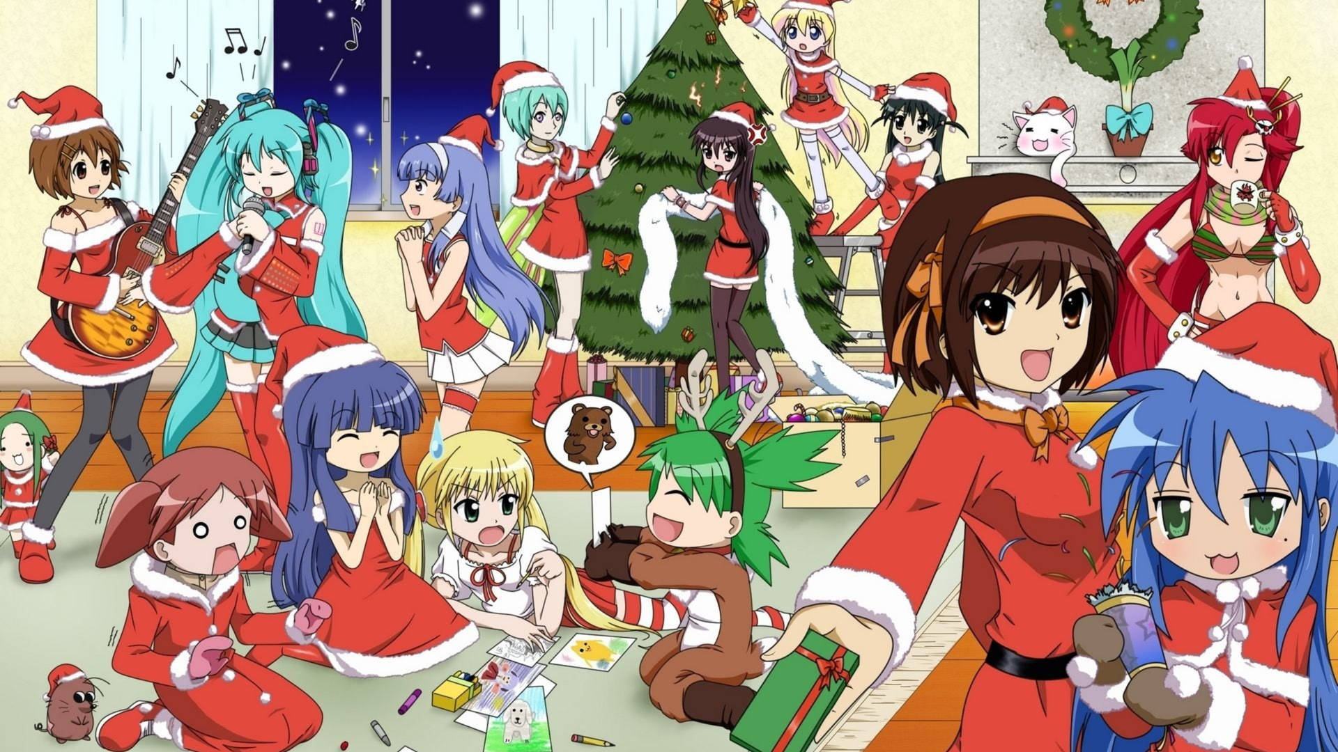 Anime Christmas Party With Girl Characters Background