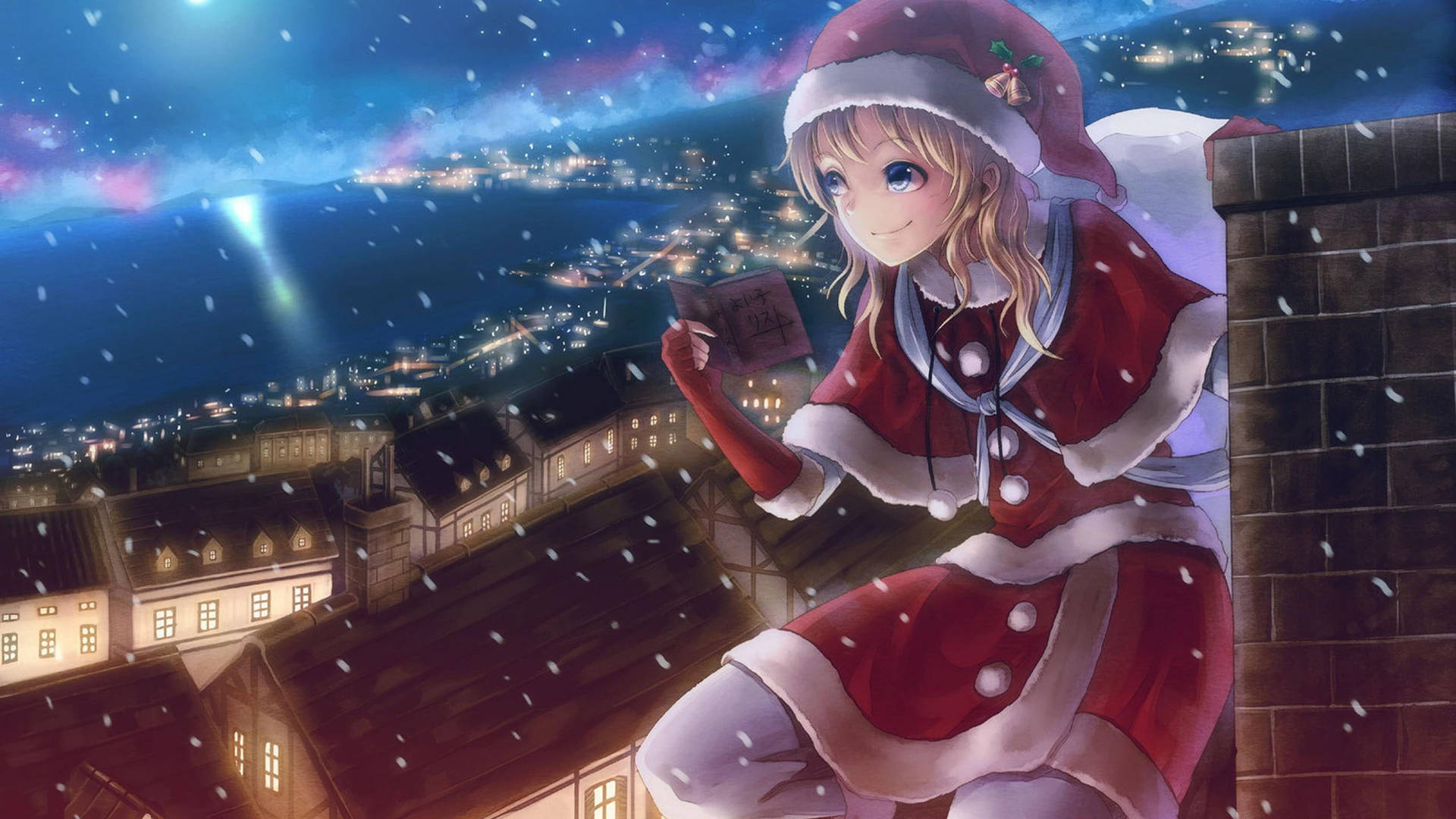 Anime Christmas Santa Girl On Chimney Background