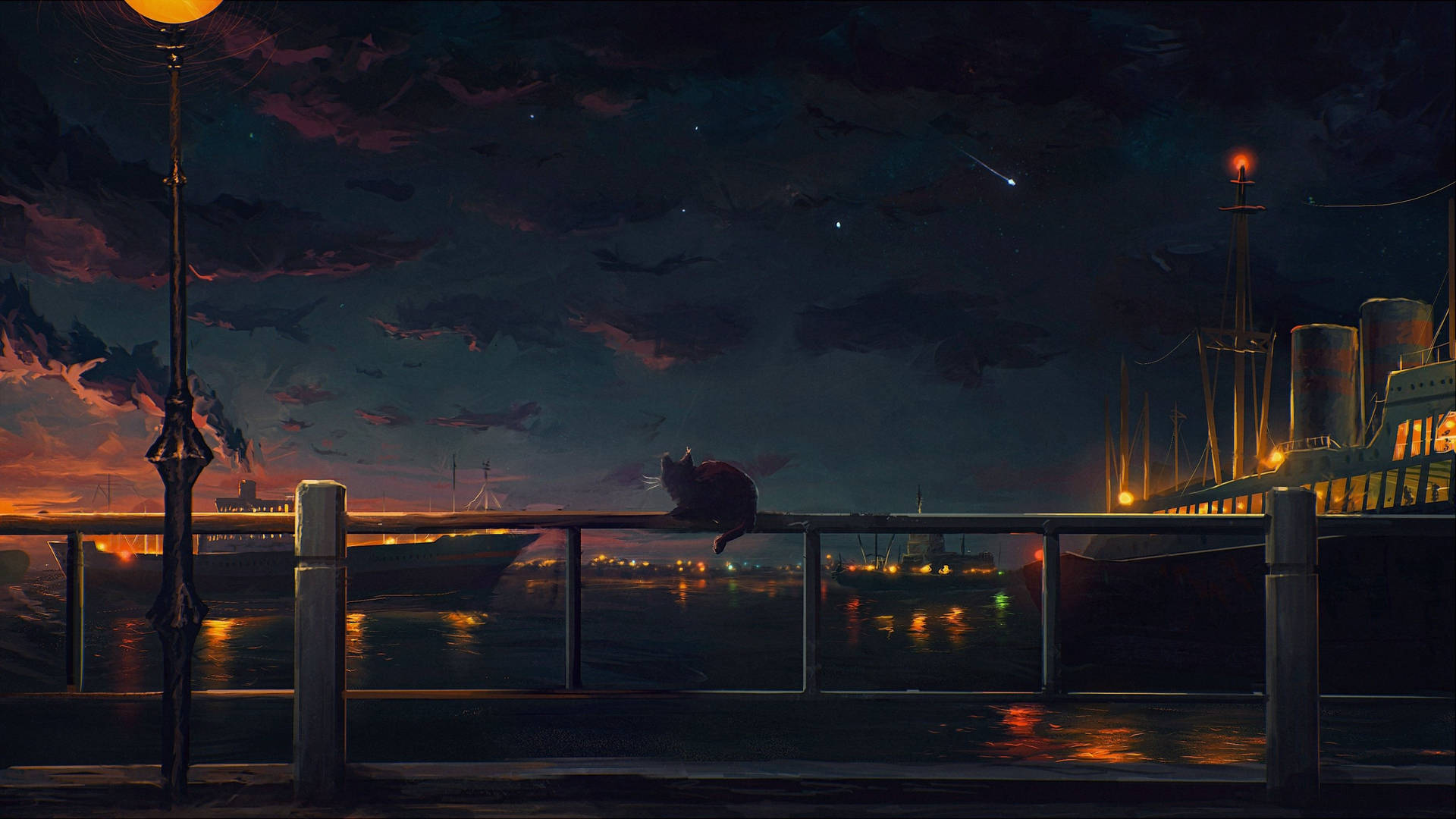 Anime City Ocean Night View Background