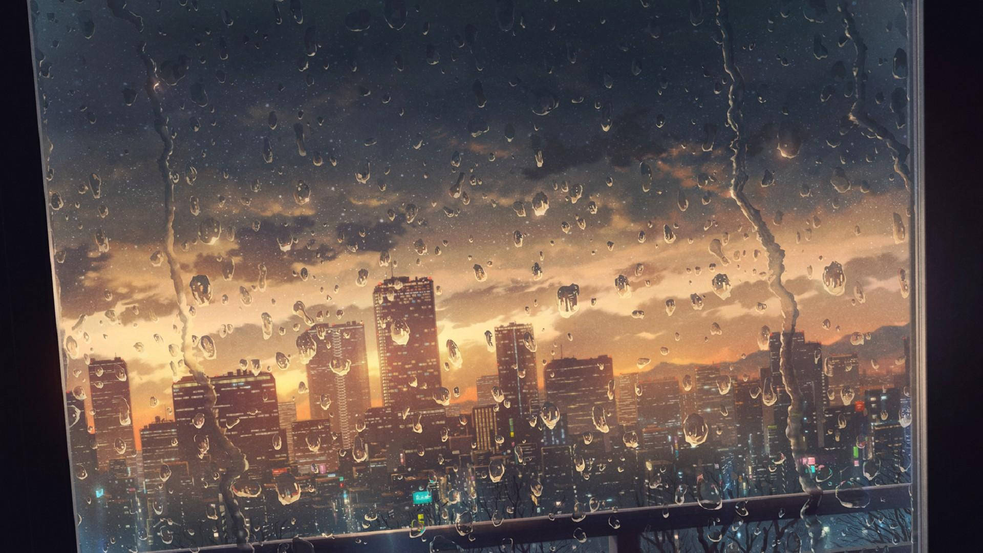 Anime City Raindrops Glass Window