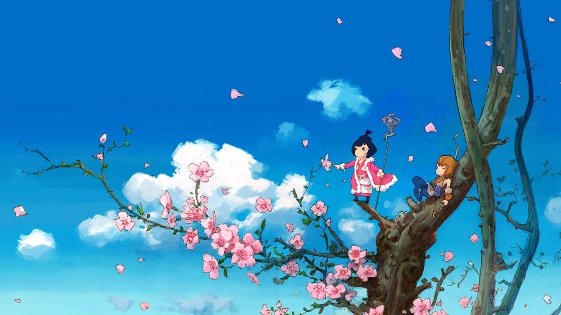 Anime Cloud Behind Cherry Blossoms Background