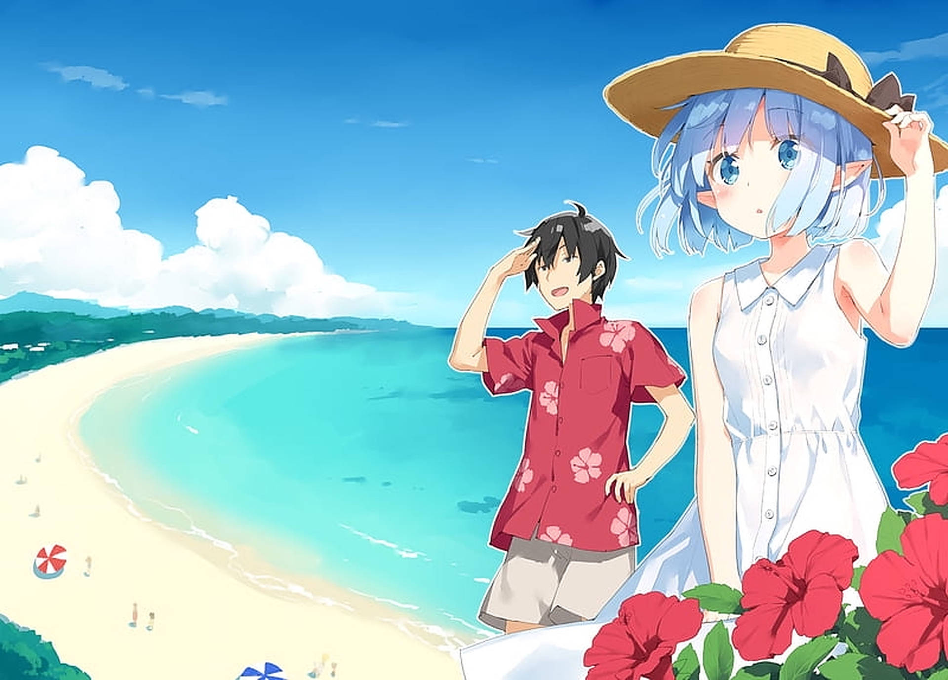 Anime Couple Beach Vacation Background