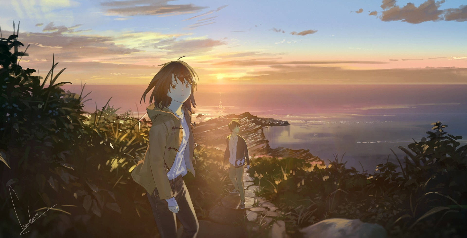 Anime Couple Hiking Background