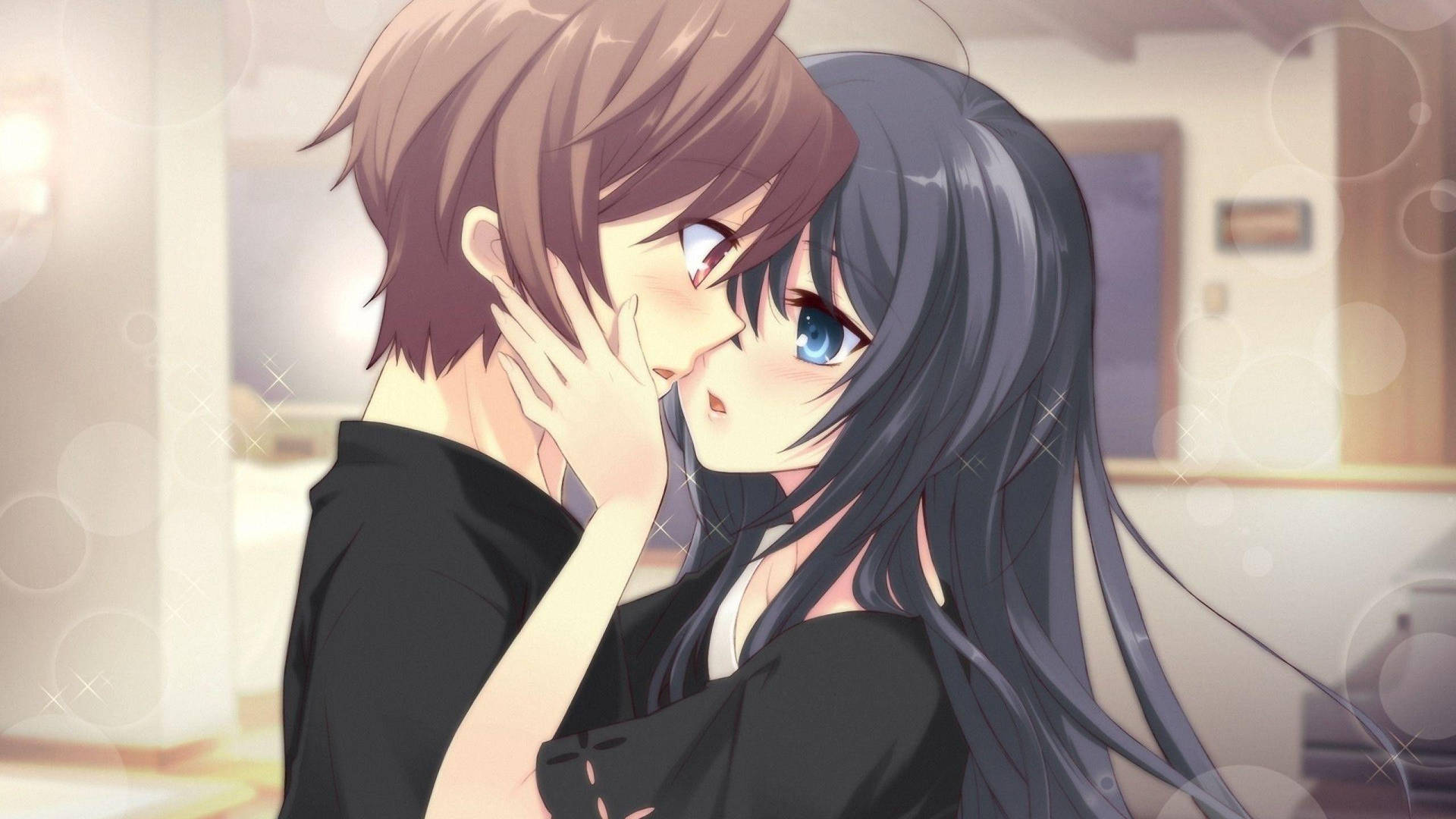 Anime Couple Hug Almost Kiss Background