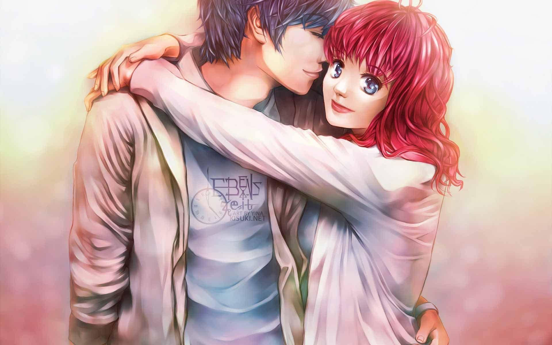 Anime Couple Hug Curly Hair Background