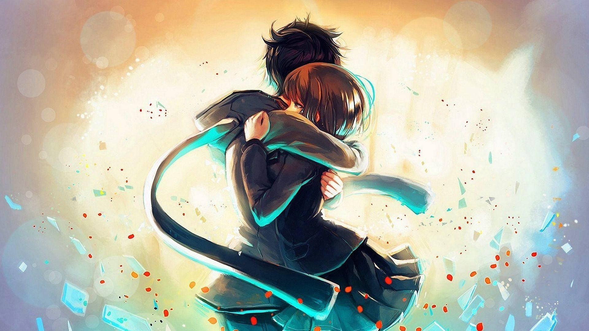 Anime Couple Hug Light Background