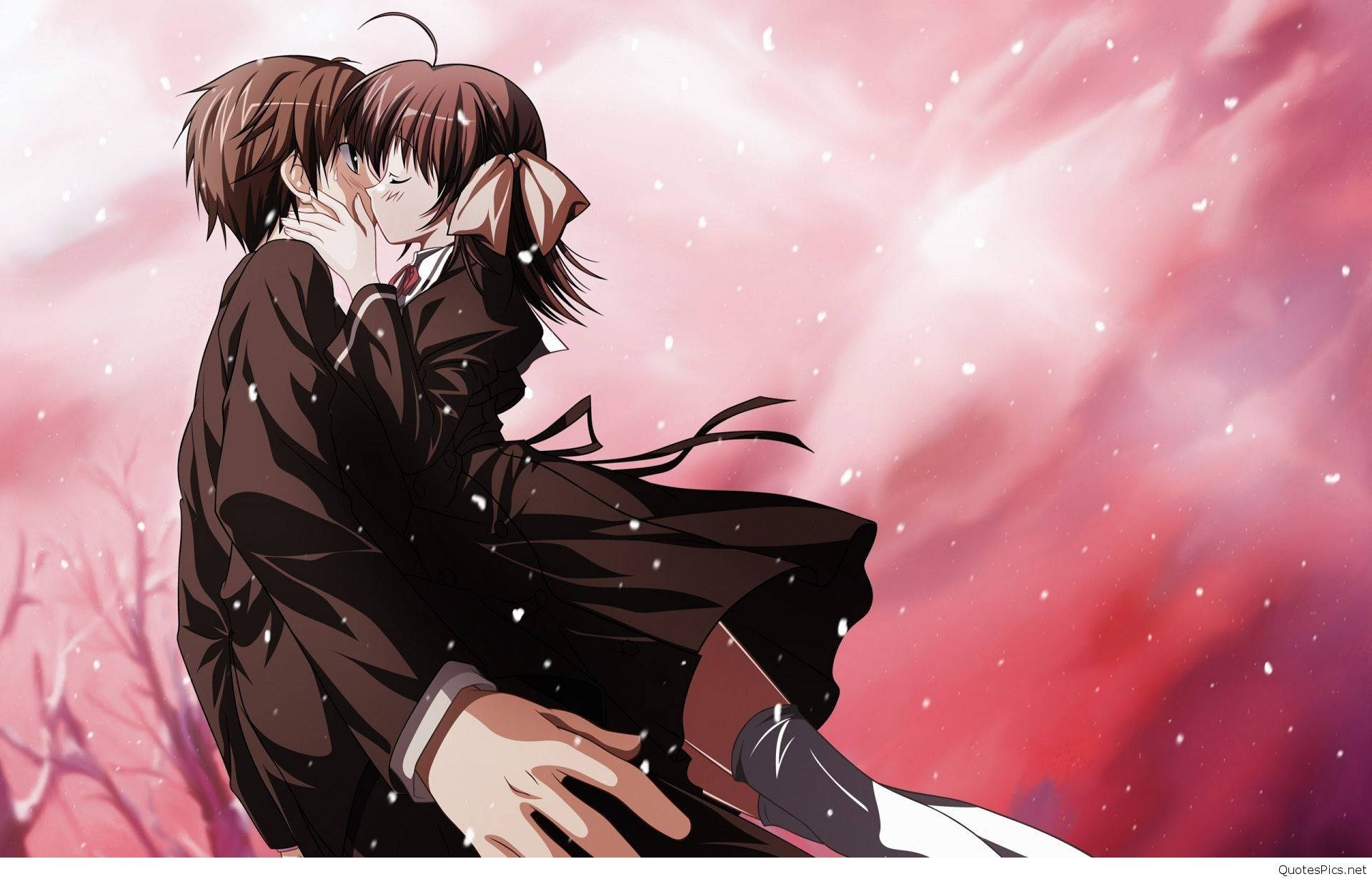 Anime Couple Hug Red Sky Background