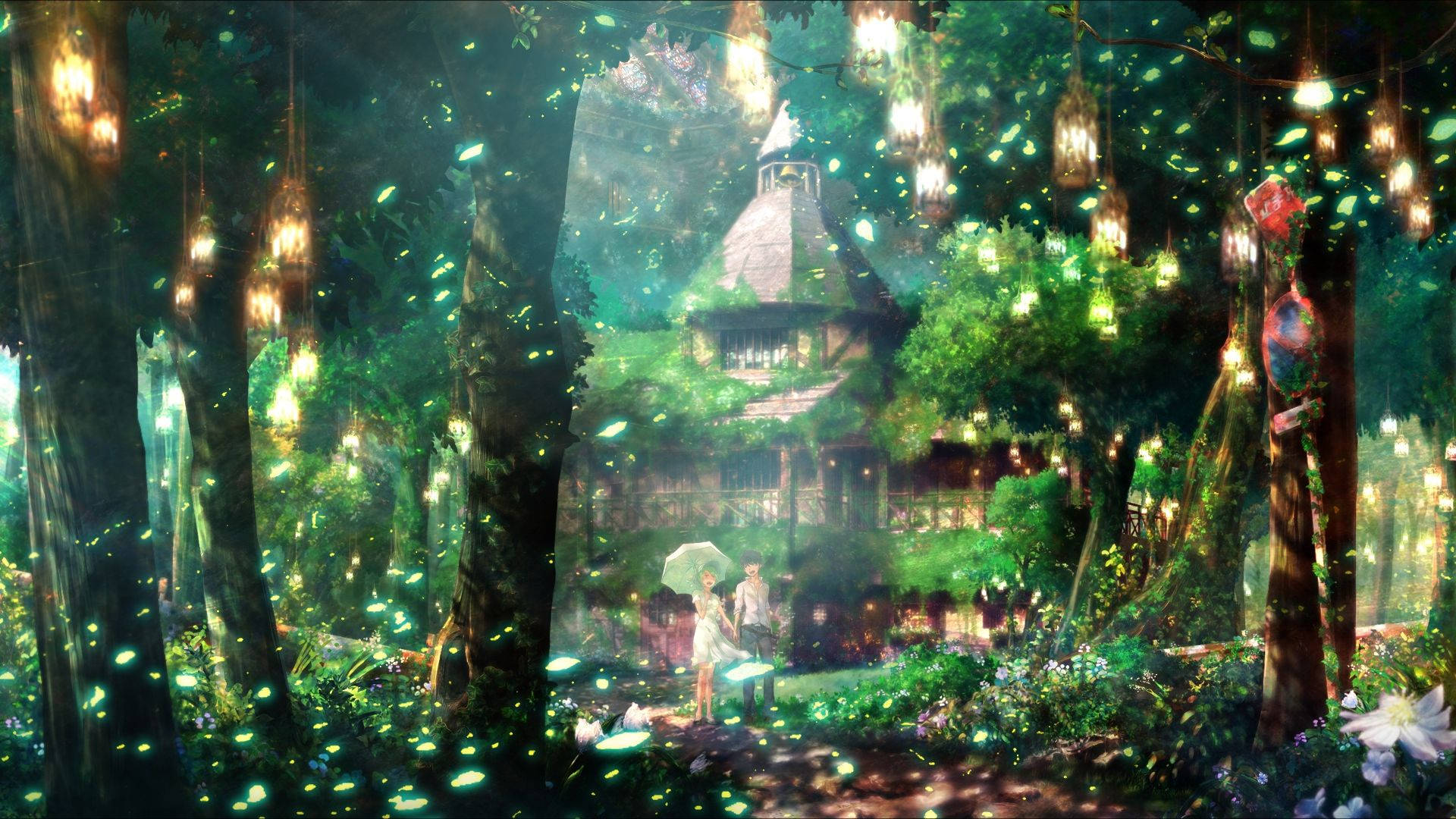 Anime Couple In The Forest Green Anime Aesthetic Background