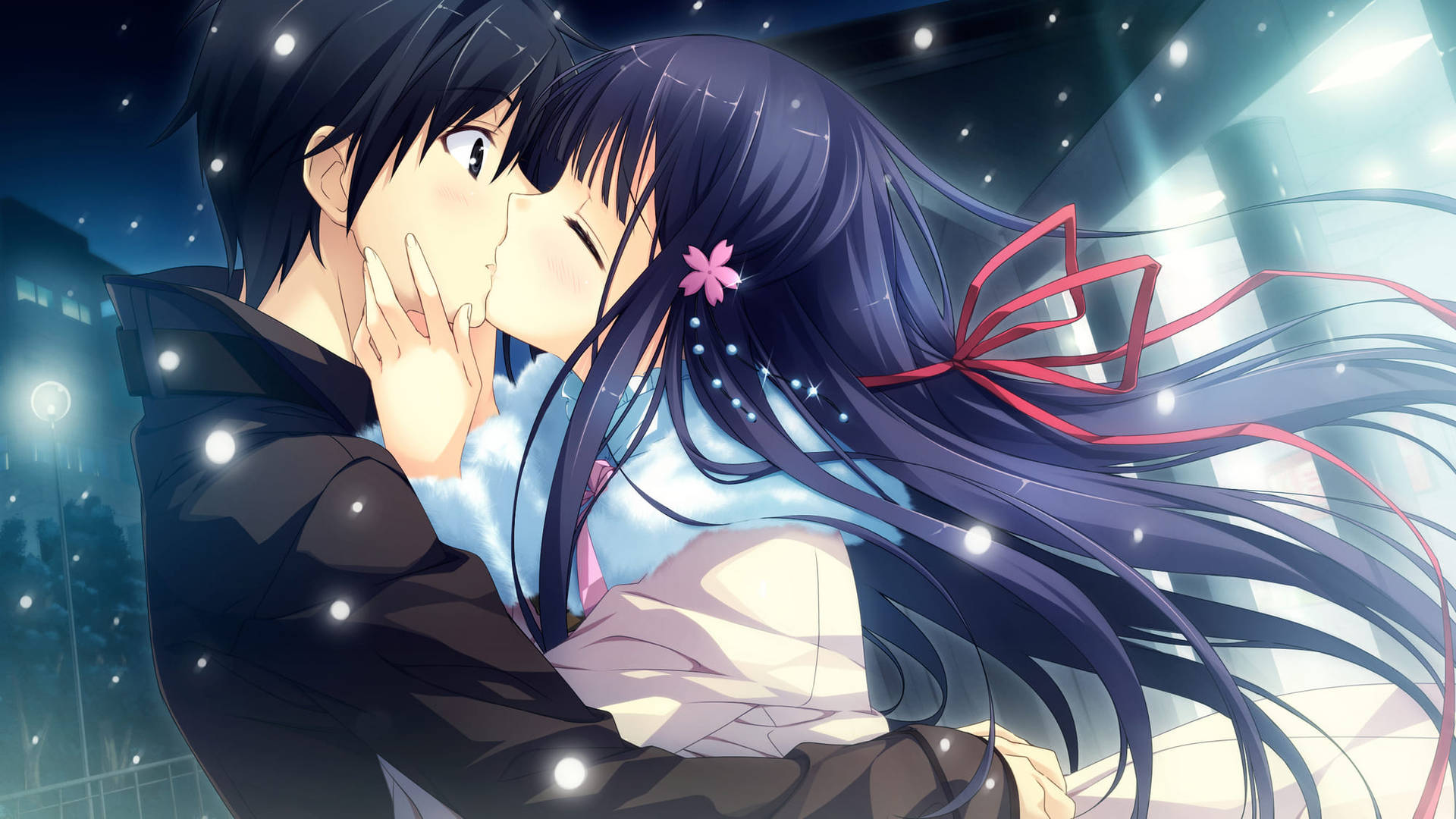 Anime Couple Kiss Blue Haired