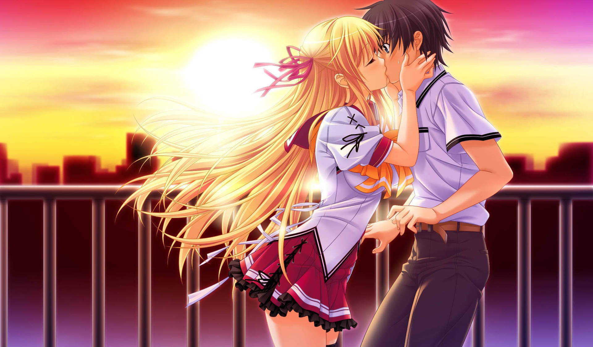 Anime Couple Kiss During Beautiful Sunset