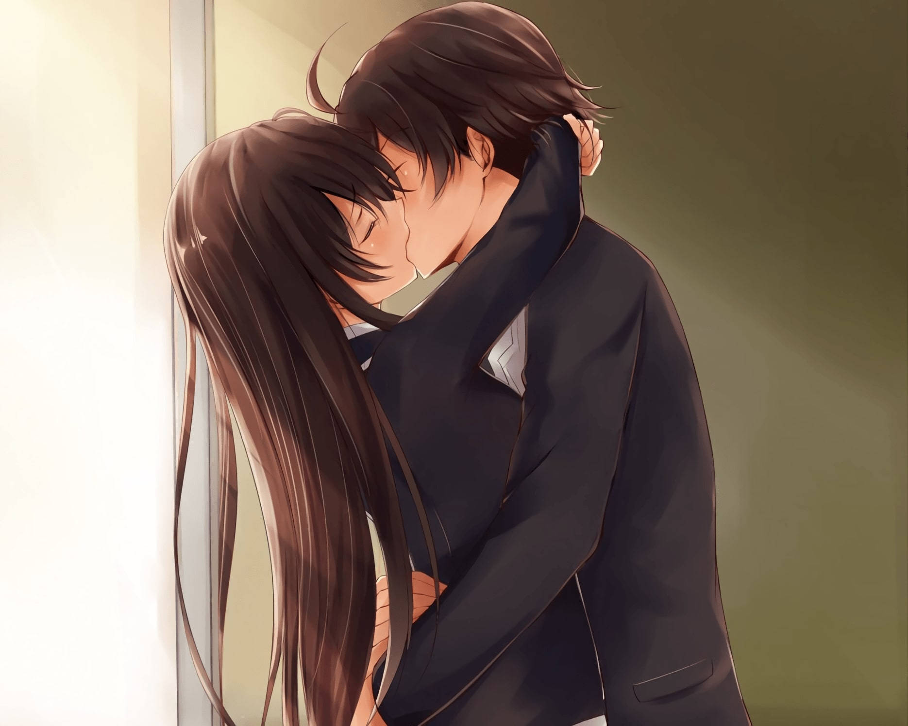 Anime Couple Kiss In School Uniform Background