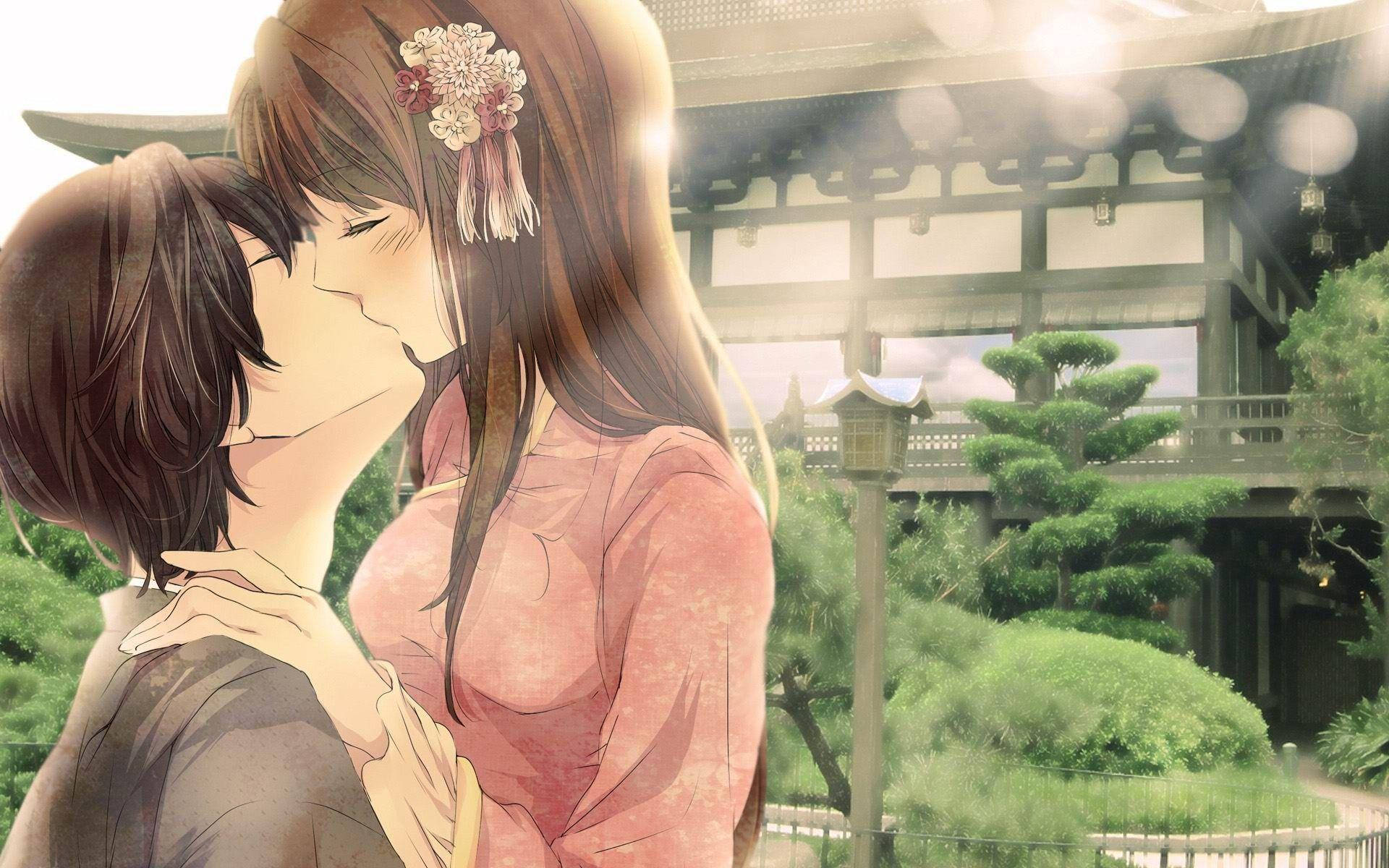 Anime Couple Kiss Outside The Temple Background