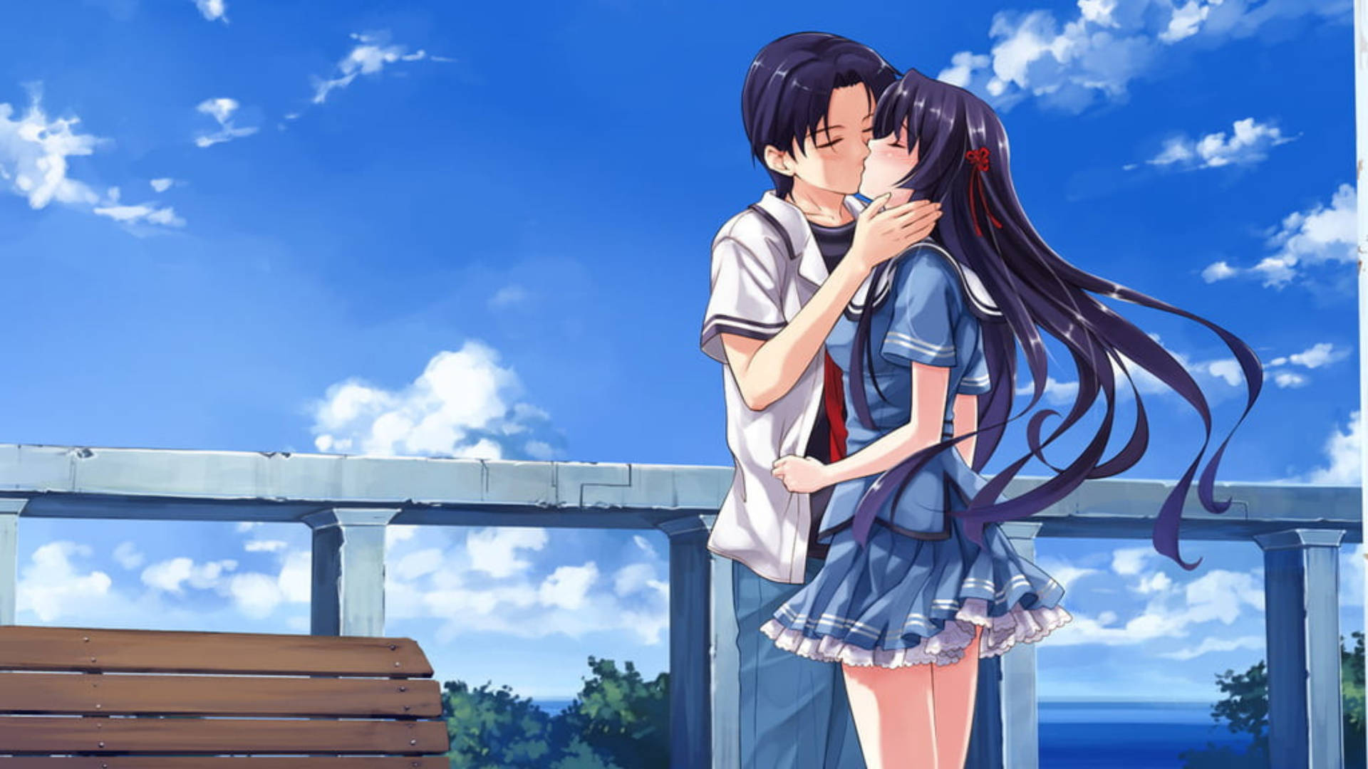 Anime Couple Kiss Scene On A Sunny Day Background