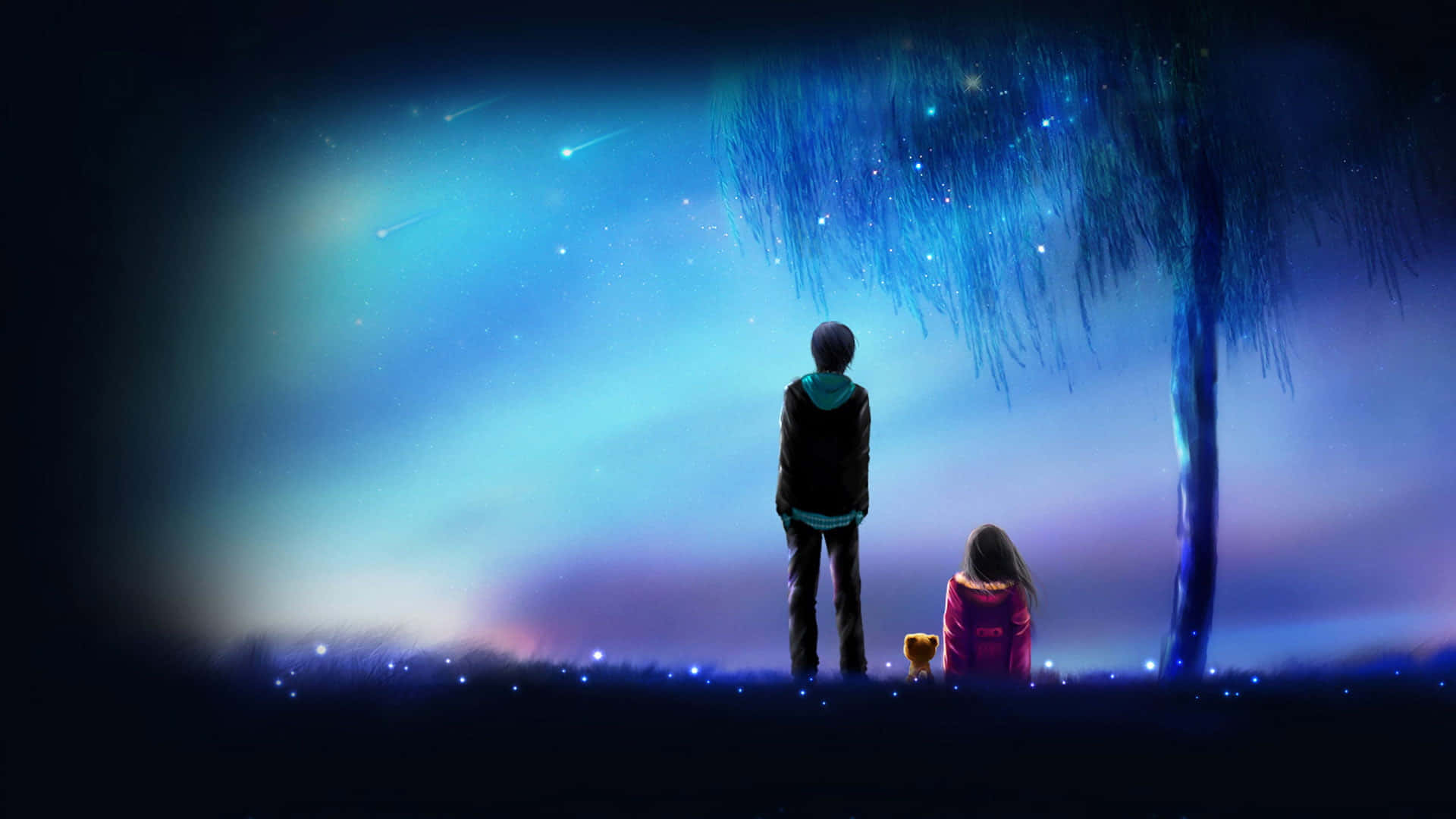 Anime Couple Looking Towards Night Anime Sky
