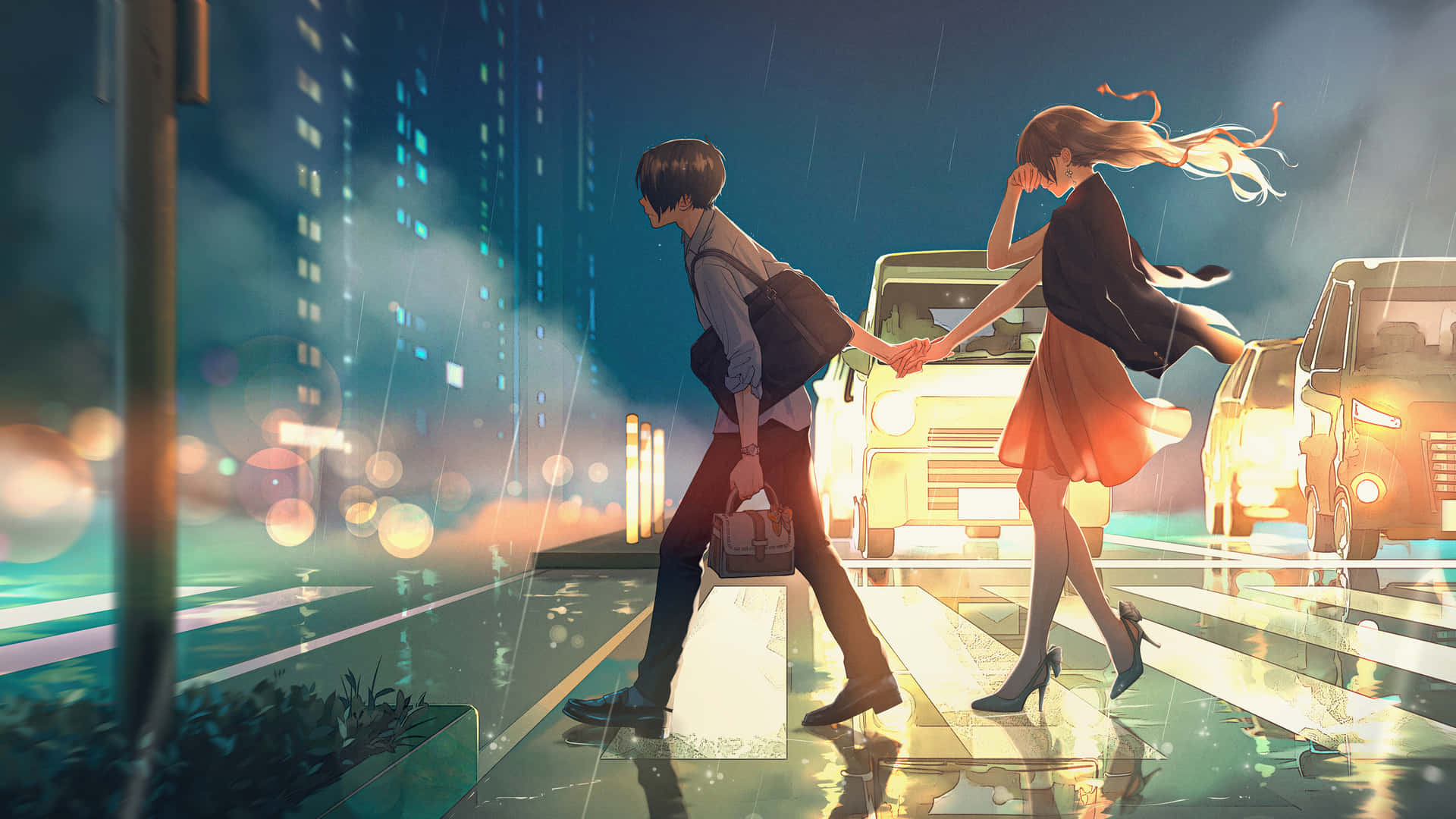 Anime Couple Passing On Pedestrian Crossing