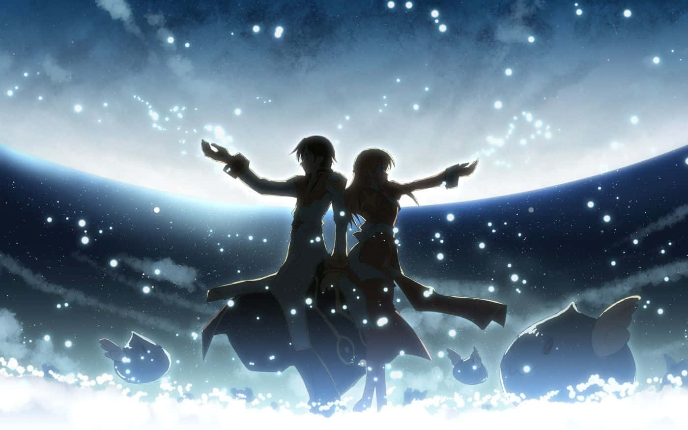 Anime Couple Standing In The Sky With Stars Background