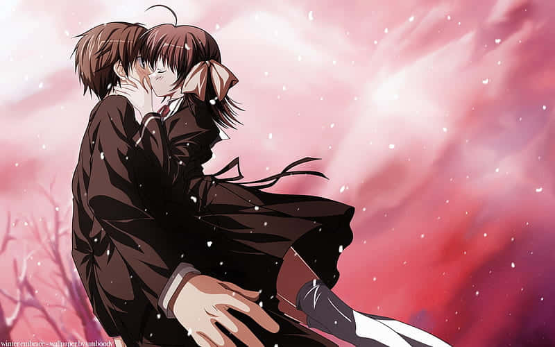 Anime Couple Winter Embrace Background