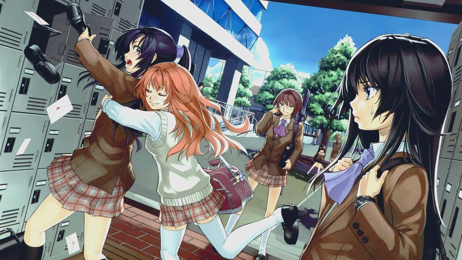 Anime Cute School Girl Group Background