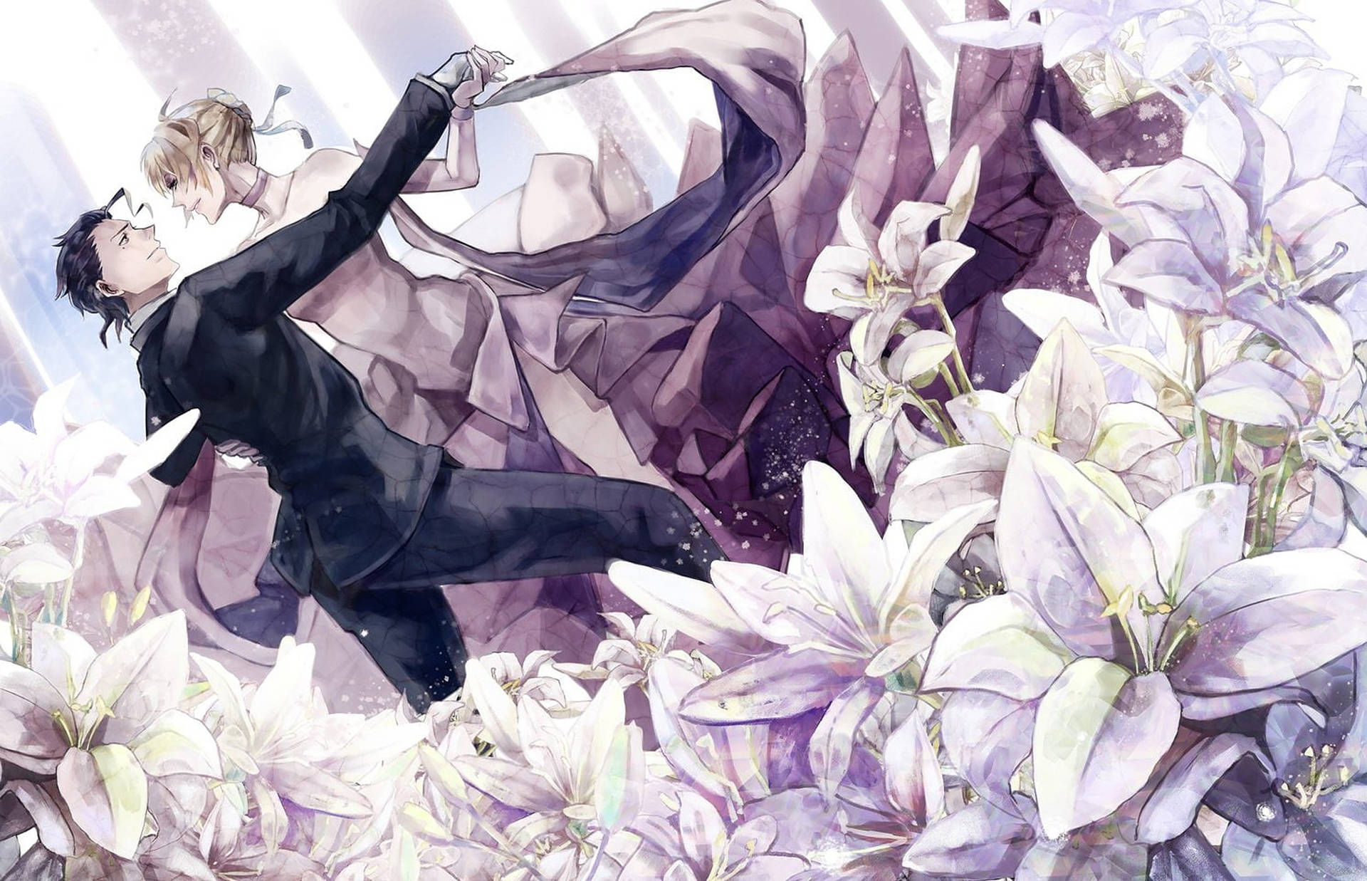 Anime Dance Couple With Lilies Background