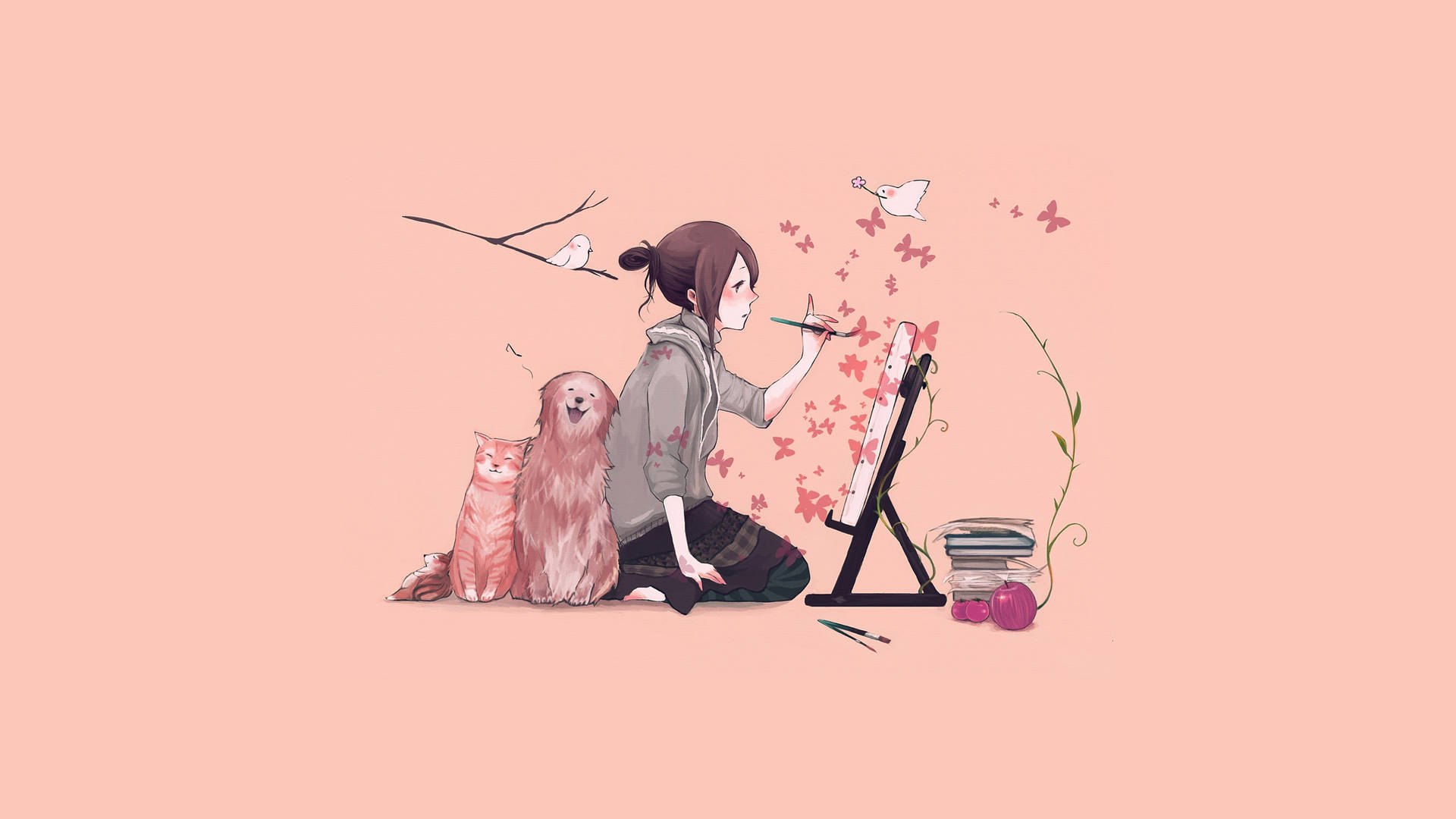 Anime Dog And Cat Art Background
