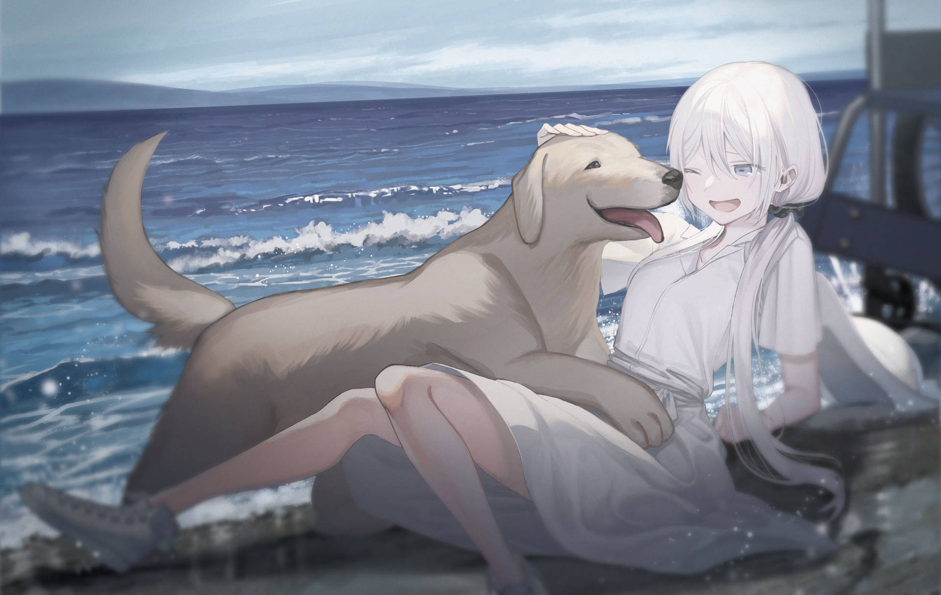 Anime Dog By The Beach Background