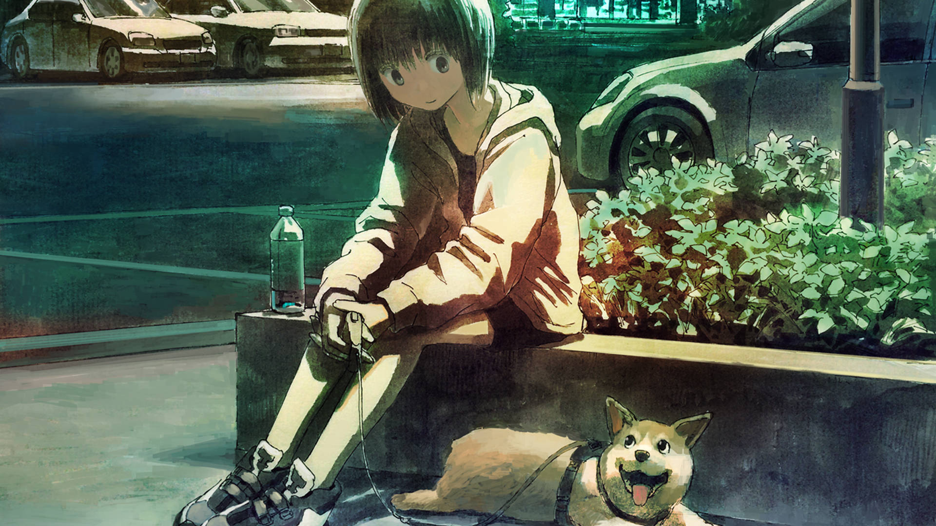 Anime Dog On Leash Background