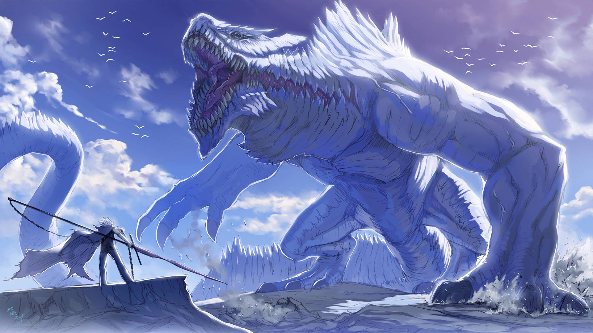 Anime Fight Swordsman And Ice Dragon Background