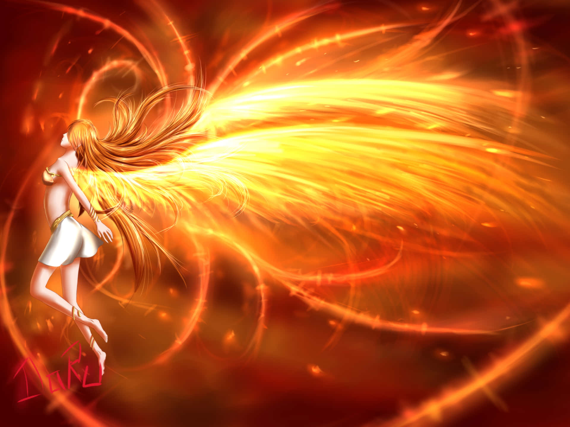 Anime Floating Girl Wings On Fire Background