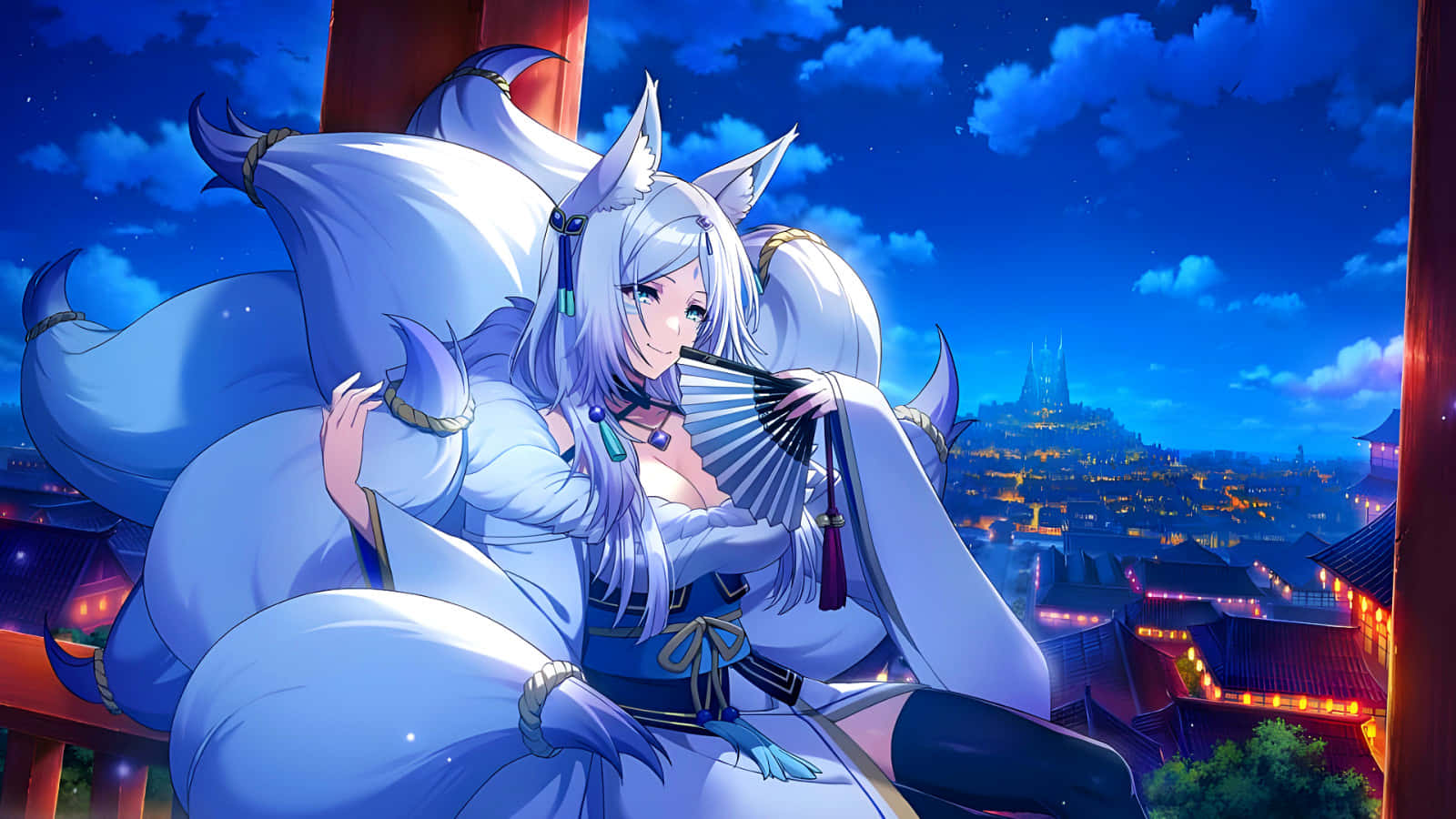 Anime Fox Girl Night City View Background